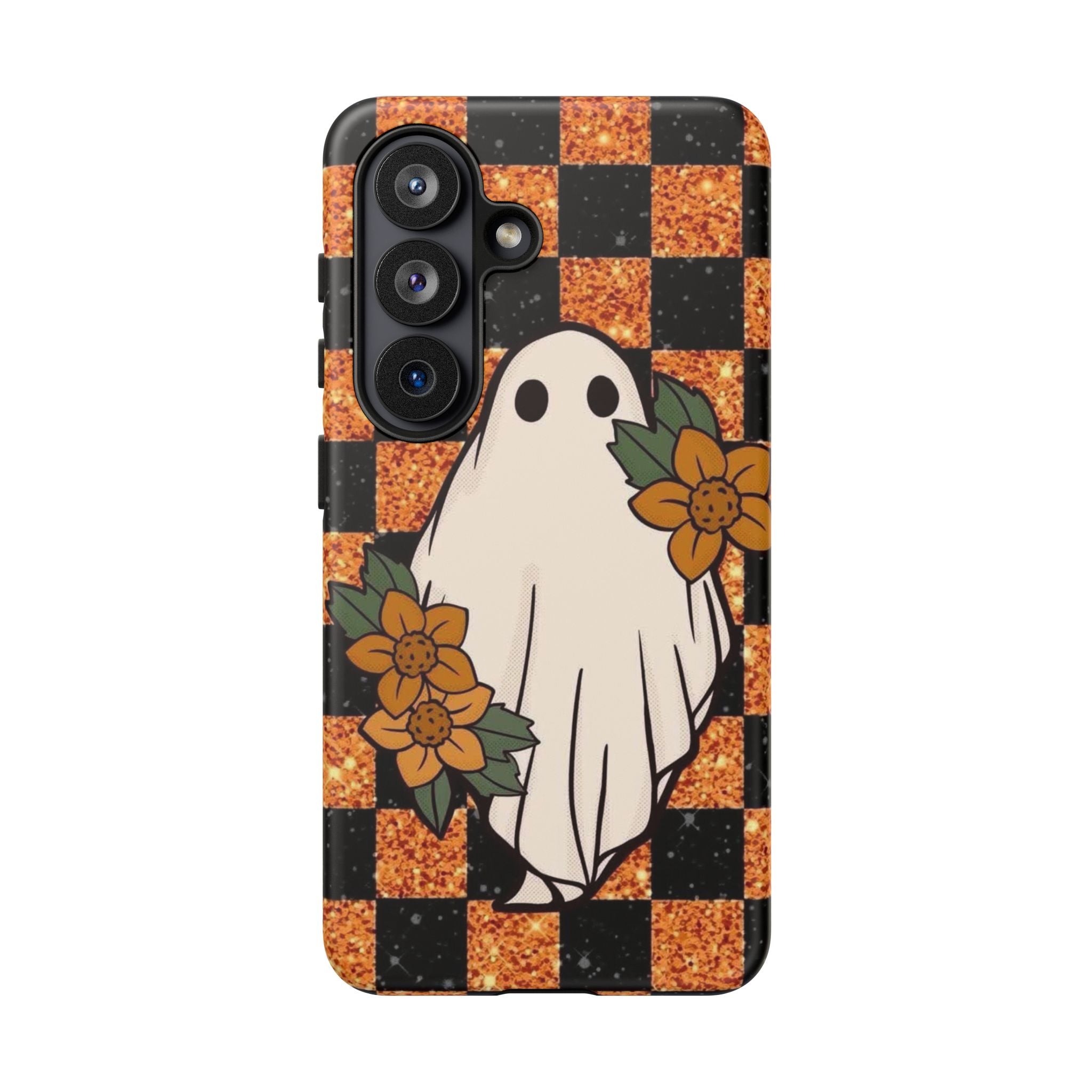 Halloween Ghost Phone Case — Checkerboard Orange Glitter Floral Design