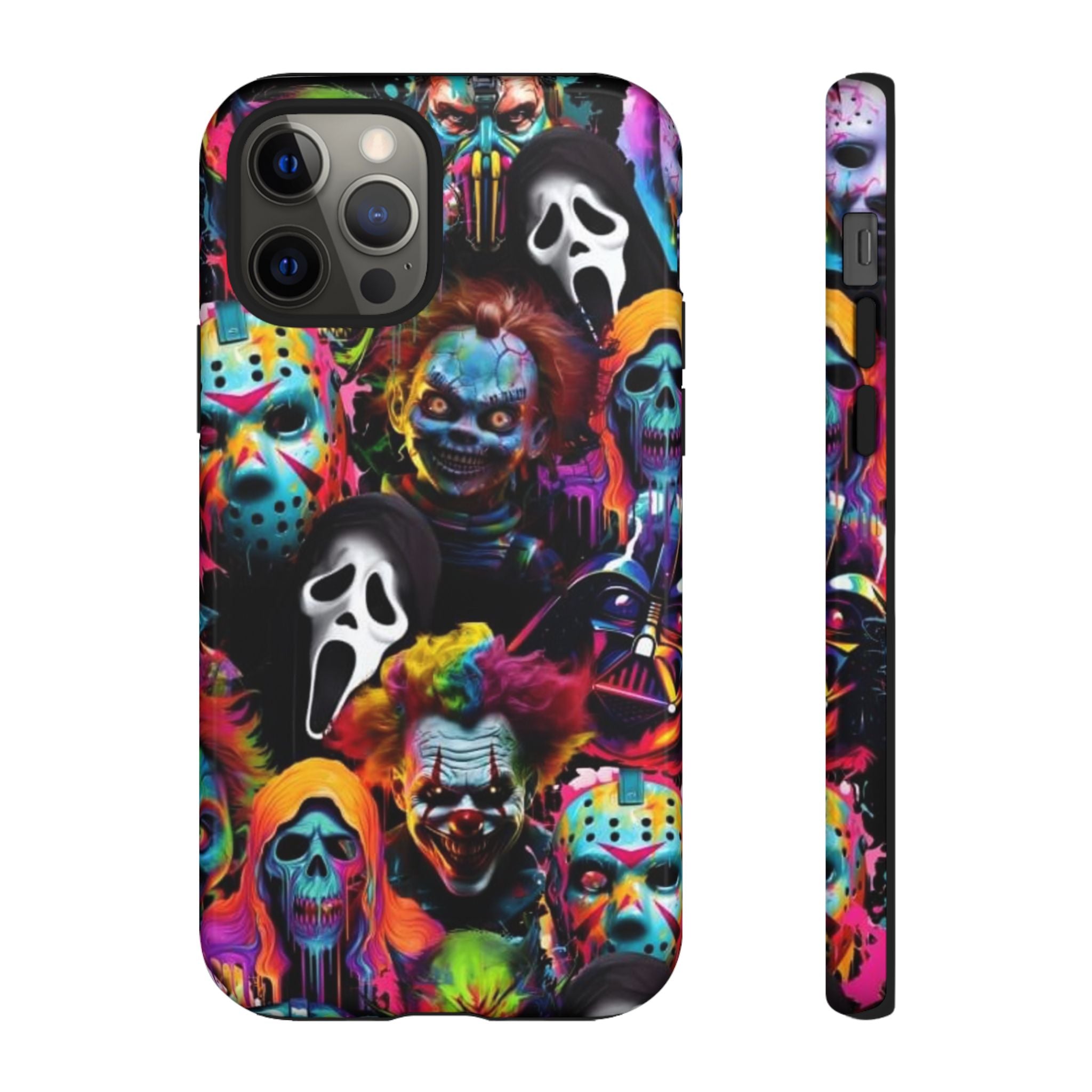 Phone Case — Neon Horror Mask Collage (Scream, Jason, Clown)