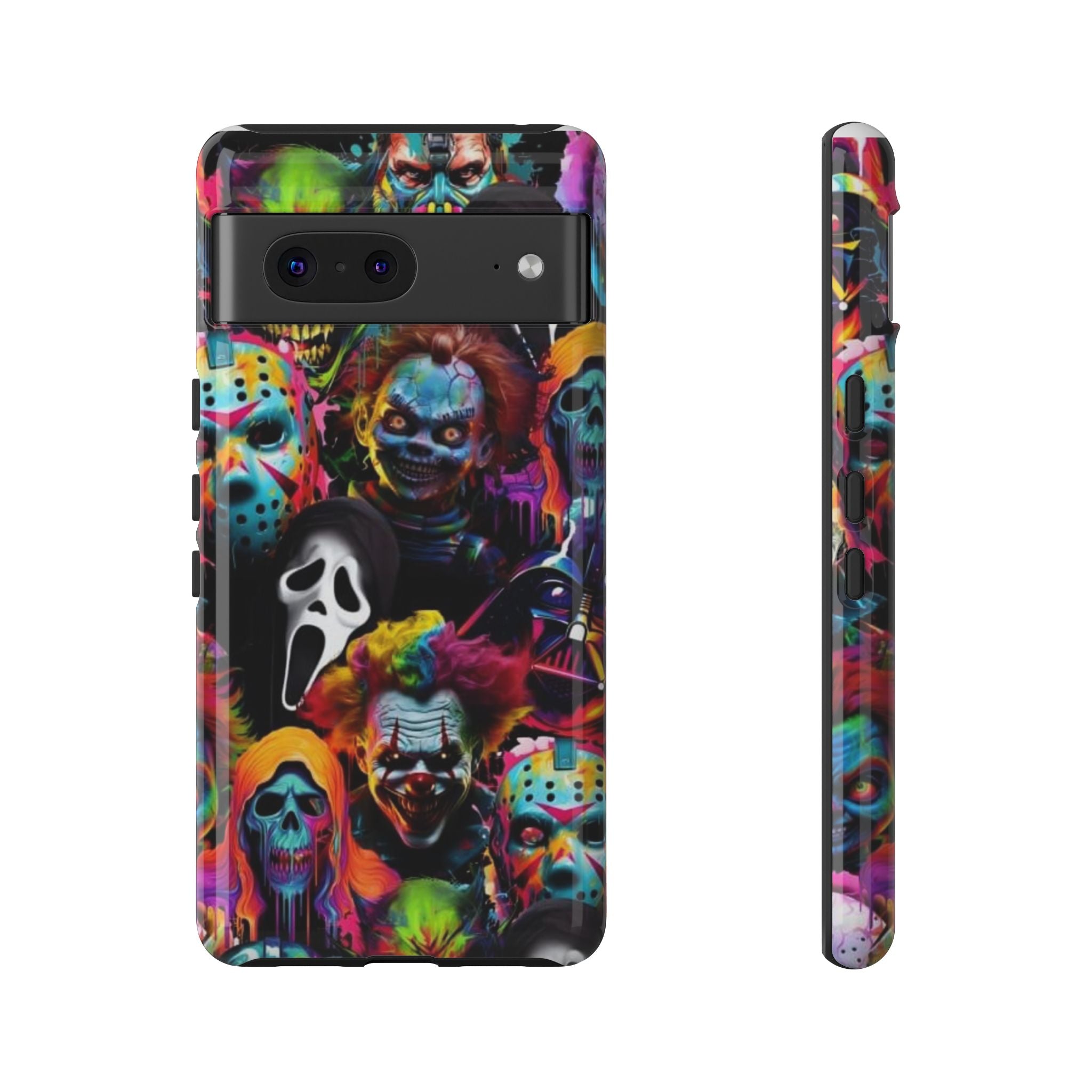 Phone Case — Neon Horror Mask Collage (Scream, Jason, Clown)