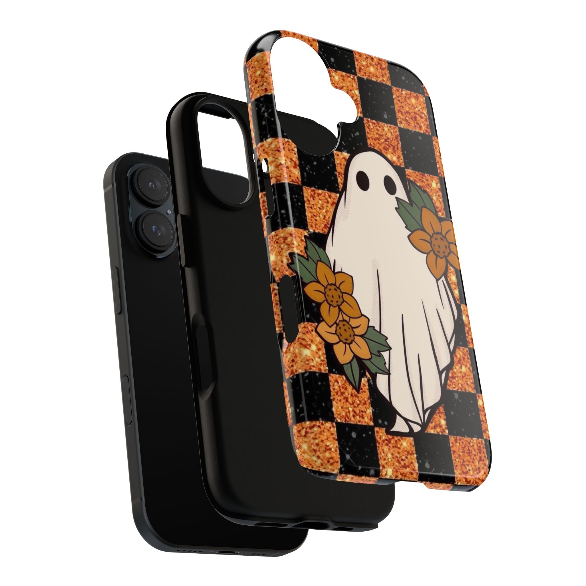 Halloween Ghost Phone Case — Checkerboard Orange Glitter Floral Design