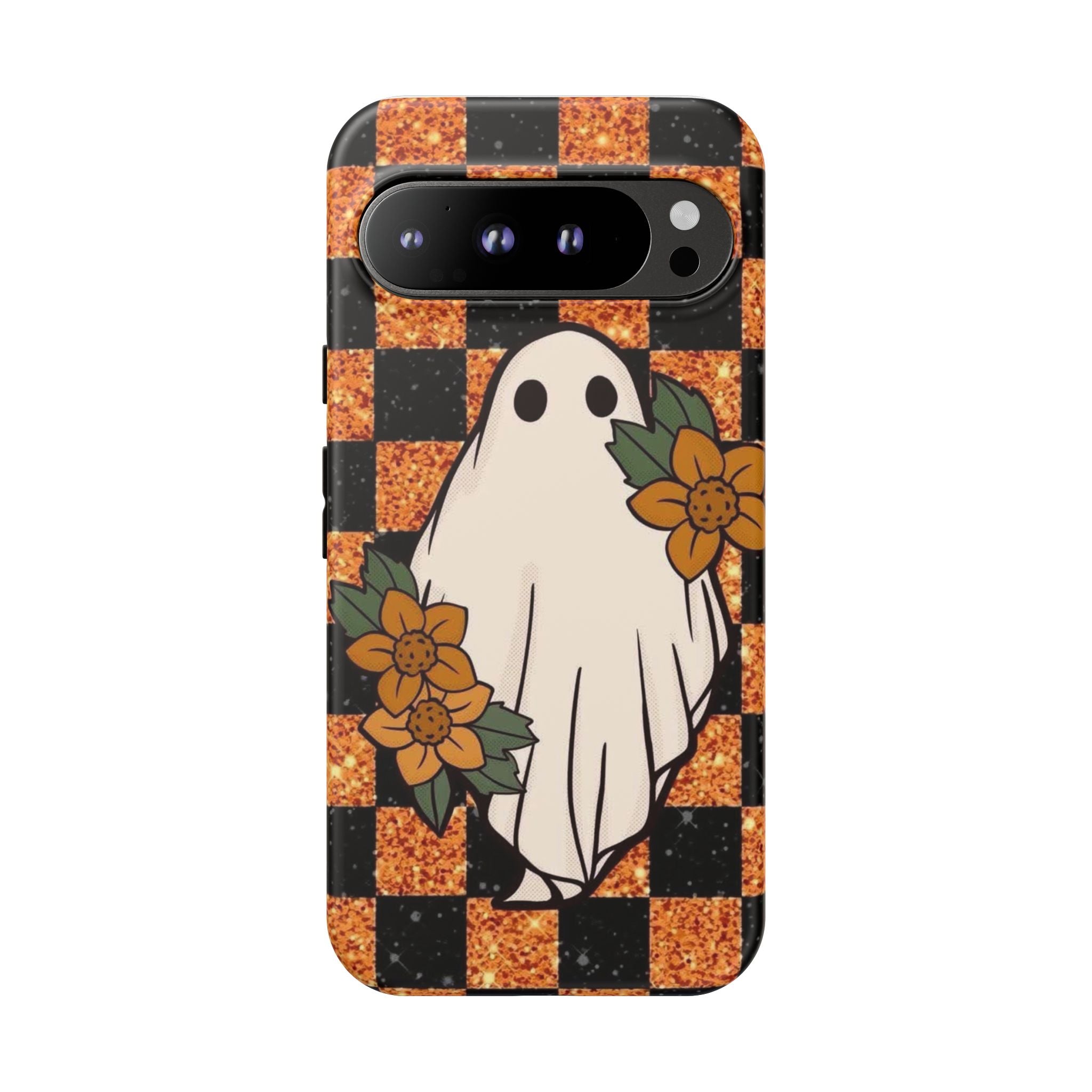 Halloween Ghost Phone Case — Checkerboard Orange Glitter Floral Design