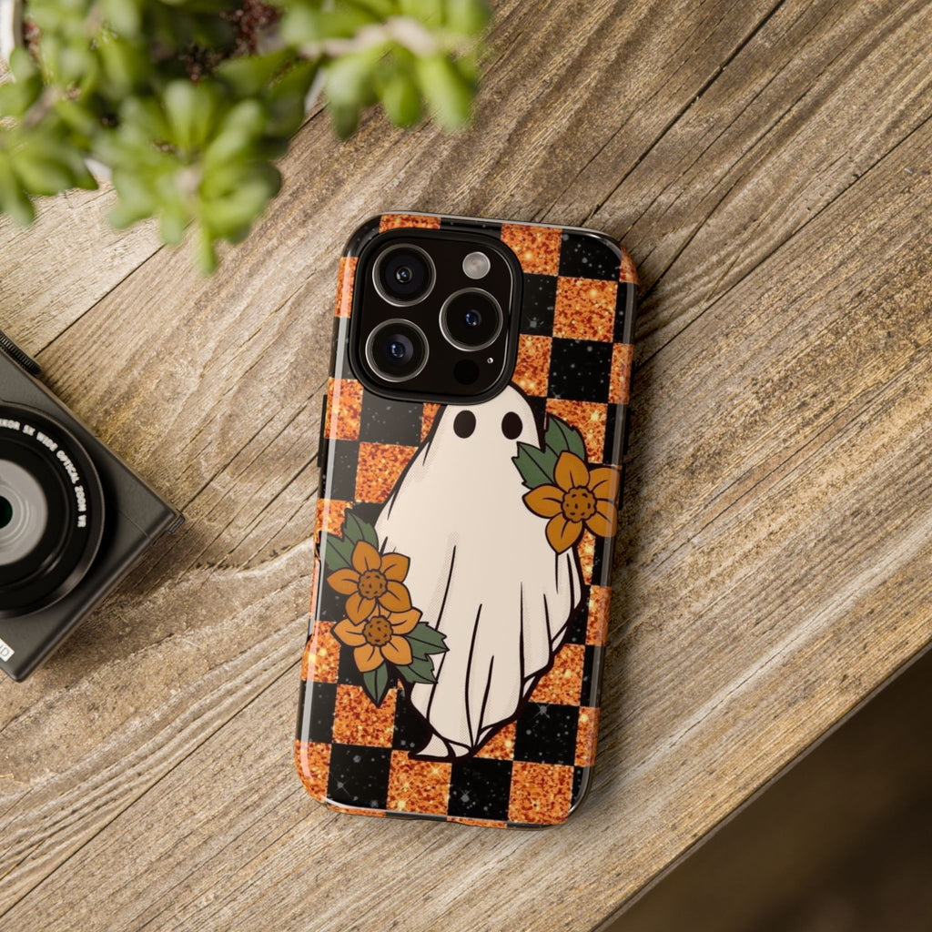 Halloween Ghost Phone Case — Checkerboard Orange Glitter Floral Design