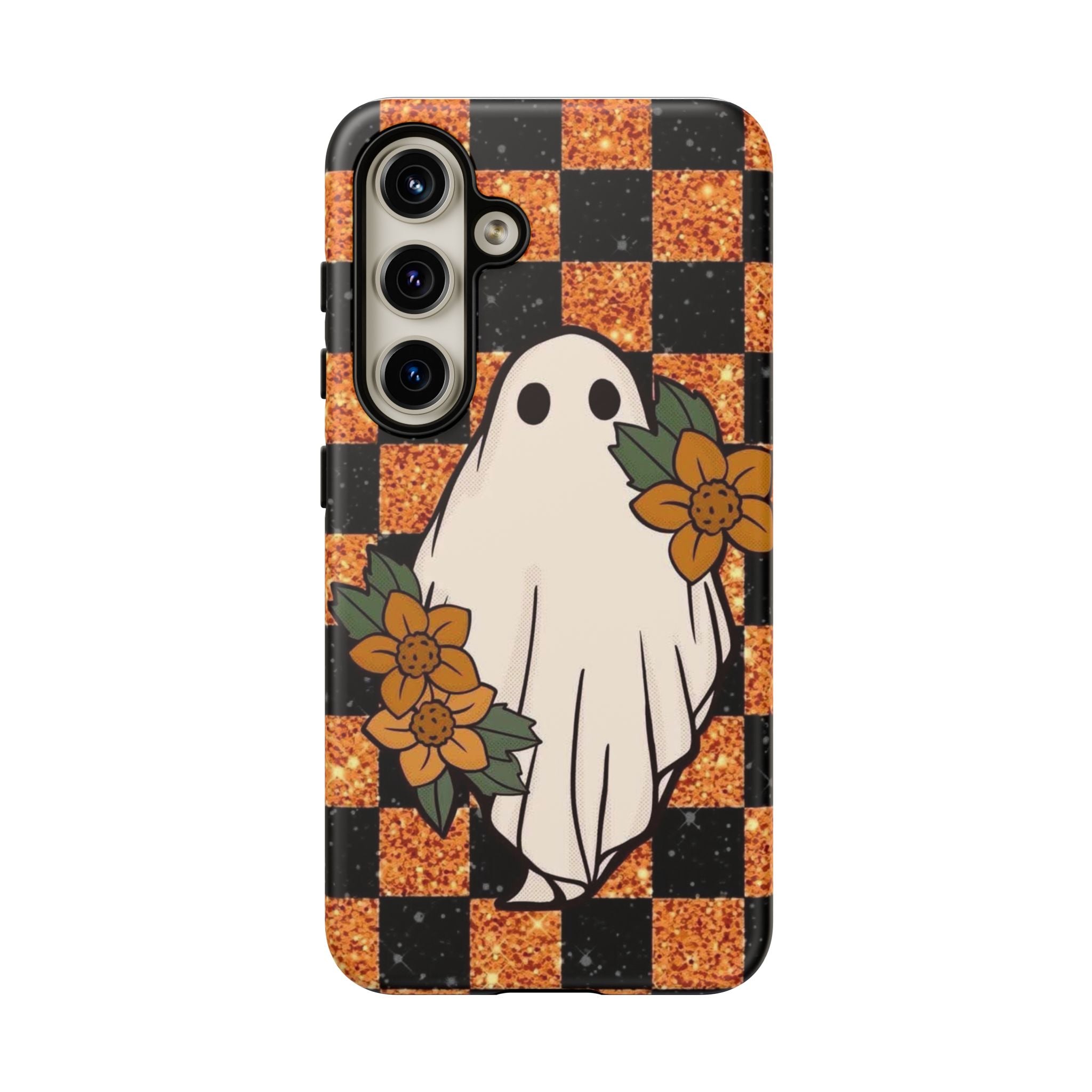 Halloween Ghost Phone Case — Checkerboard Orange Glitter Floral Design