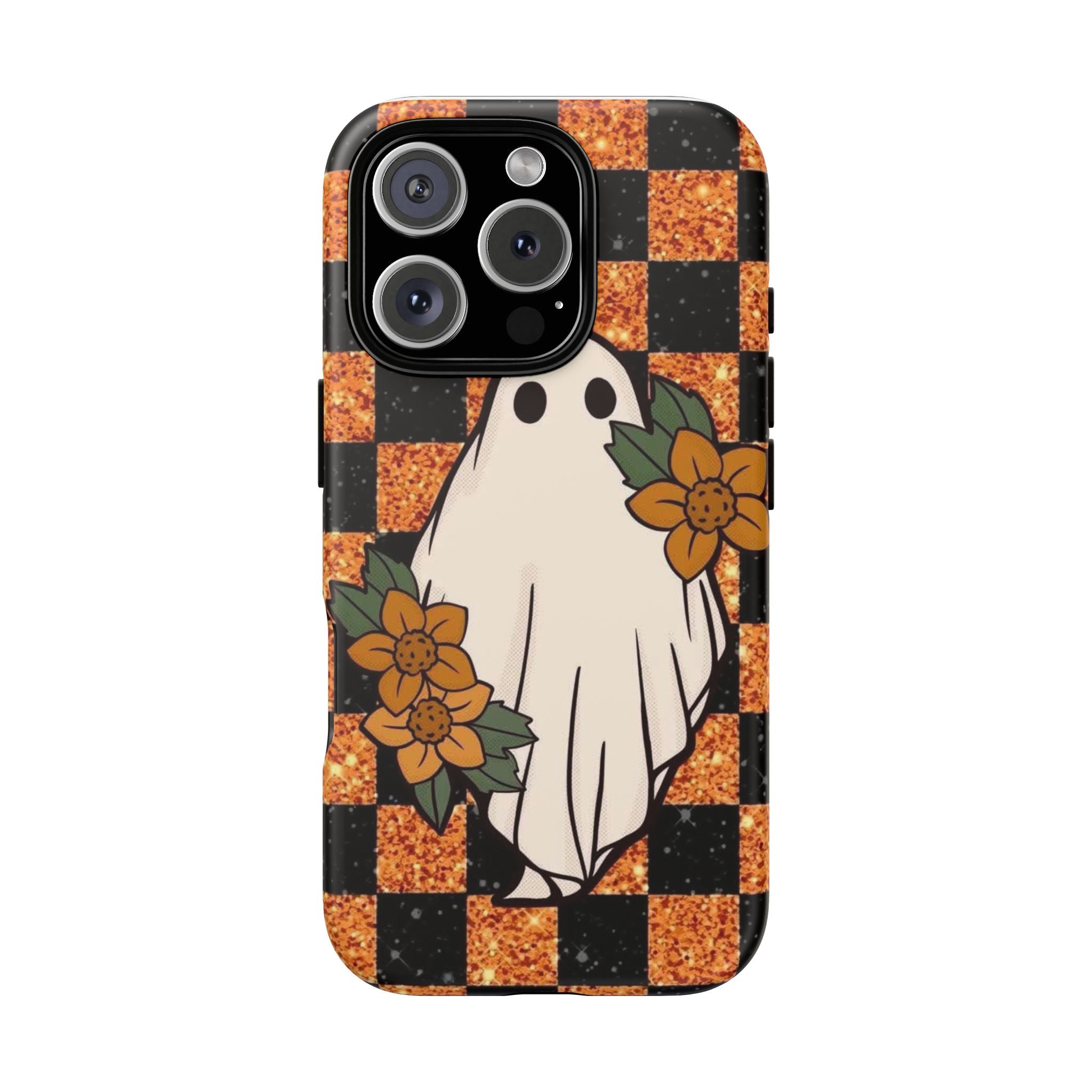 Halloween Ghost Phone Case — Checkerboard Orange Glitter Floral Design