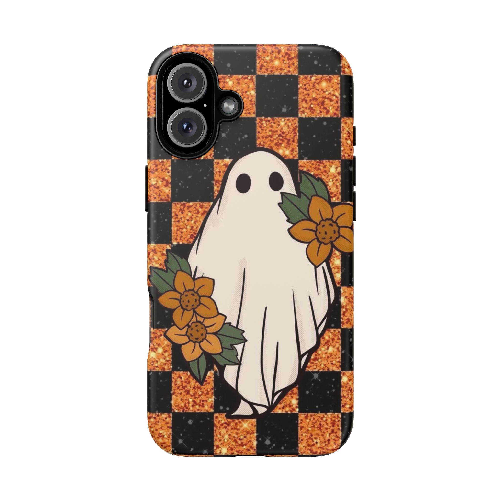 Halloween Ghost Phone Case — Checkerboard Orange Glitter Floral Design