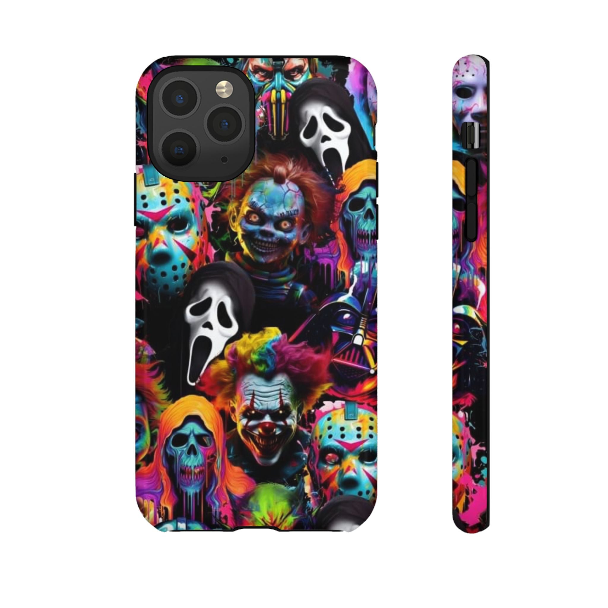 Phone Case — Neon Horror Mask Collage (Scream, Jason, Clown)
