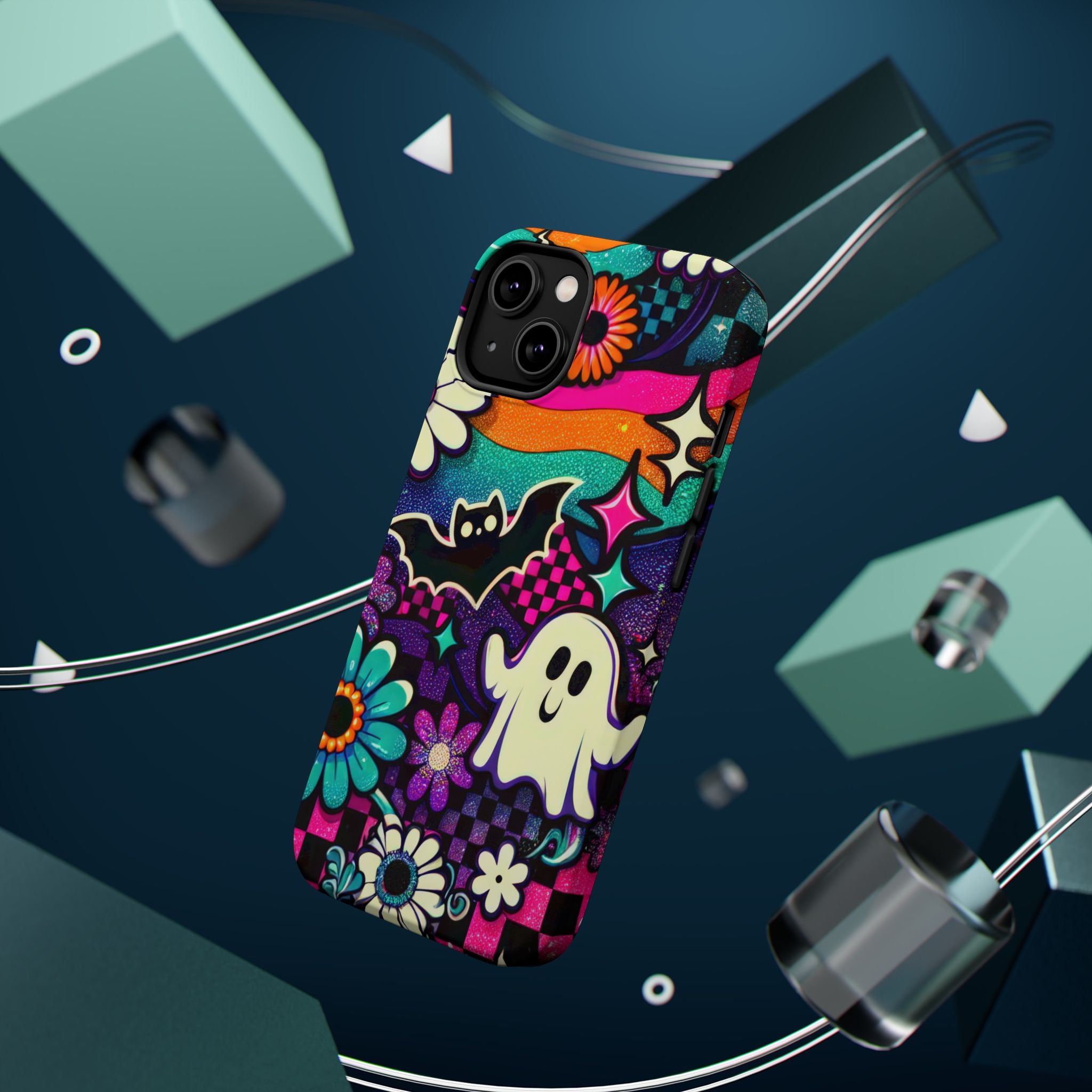 Halloween Retro Ghost & Bat Phone Case — Magnetic Impact-Resistant