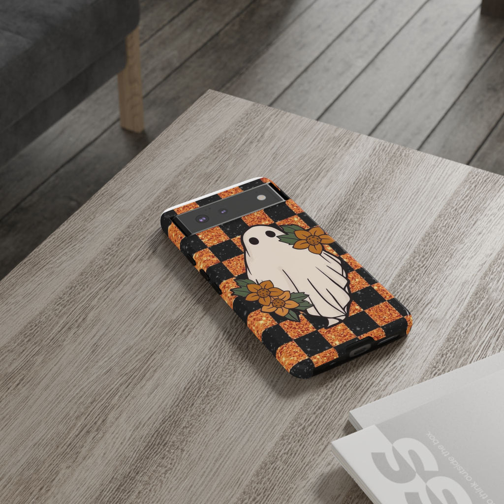 Halloween Ghost Phone Case — Checkerboard Orange Glitter Floral Design