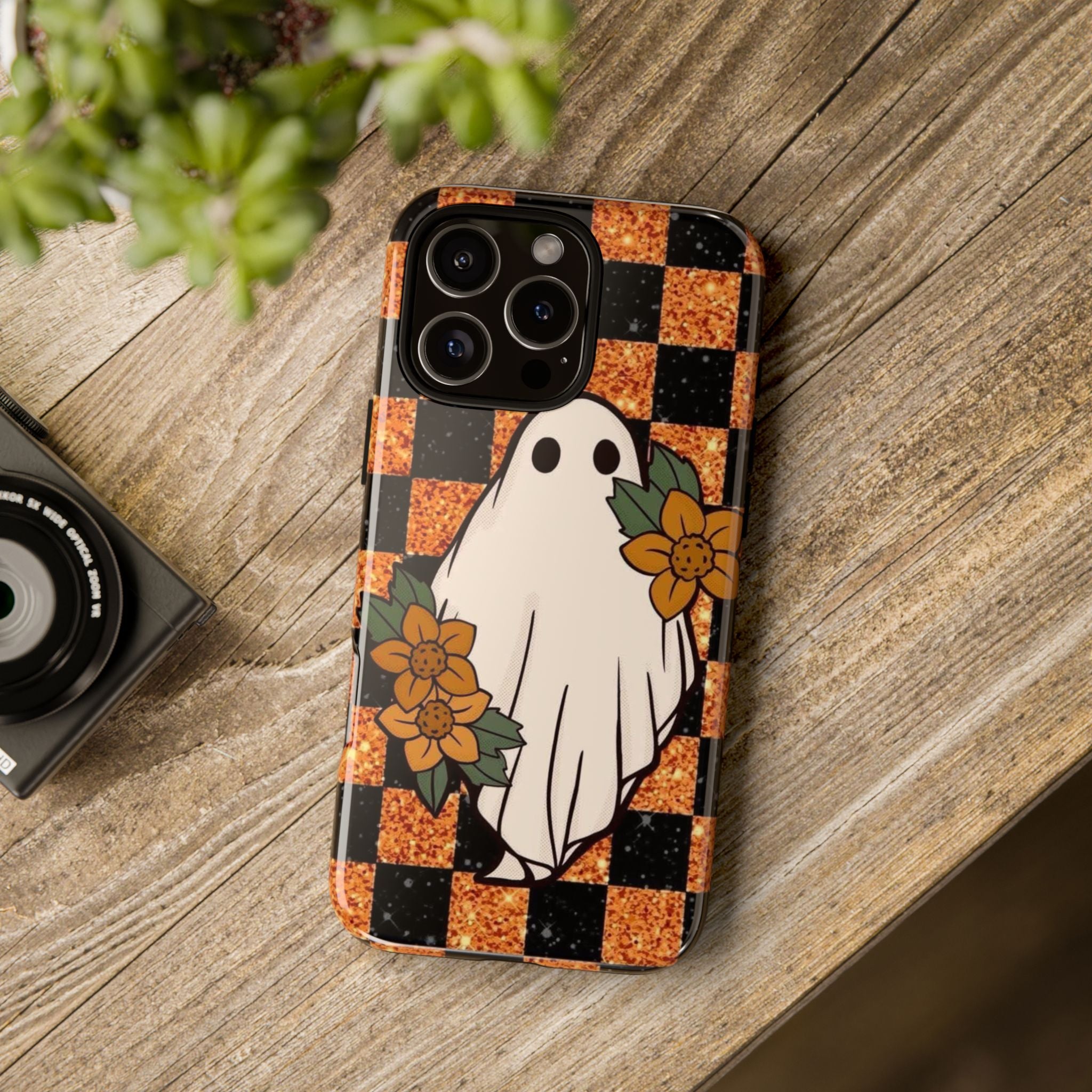Halloween Ghost Phone Case — Checkerboard Orange Glitter Floral Design