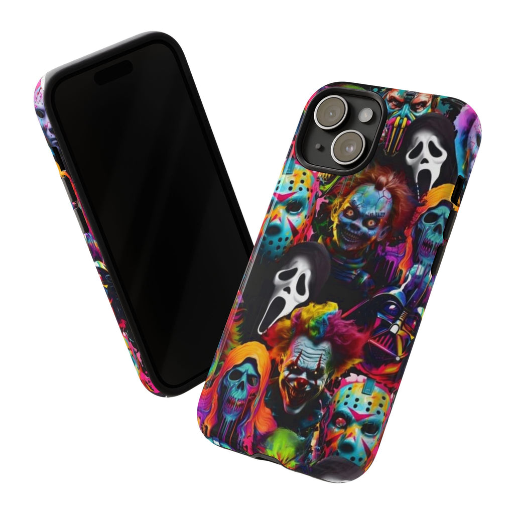 Phone Case — Neon Horror Mask Collage (Scream, Jason, Clown)