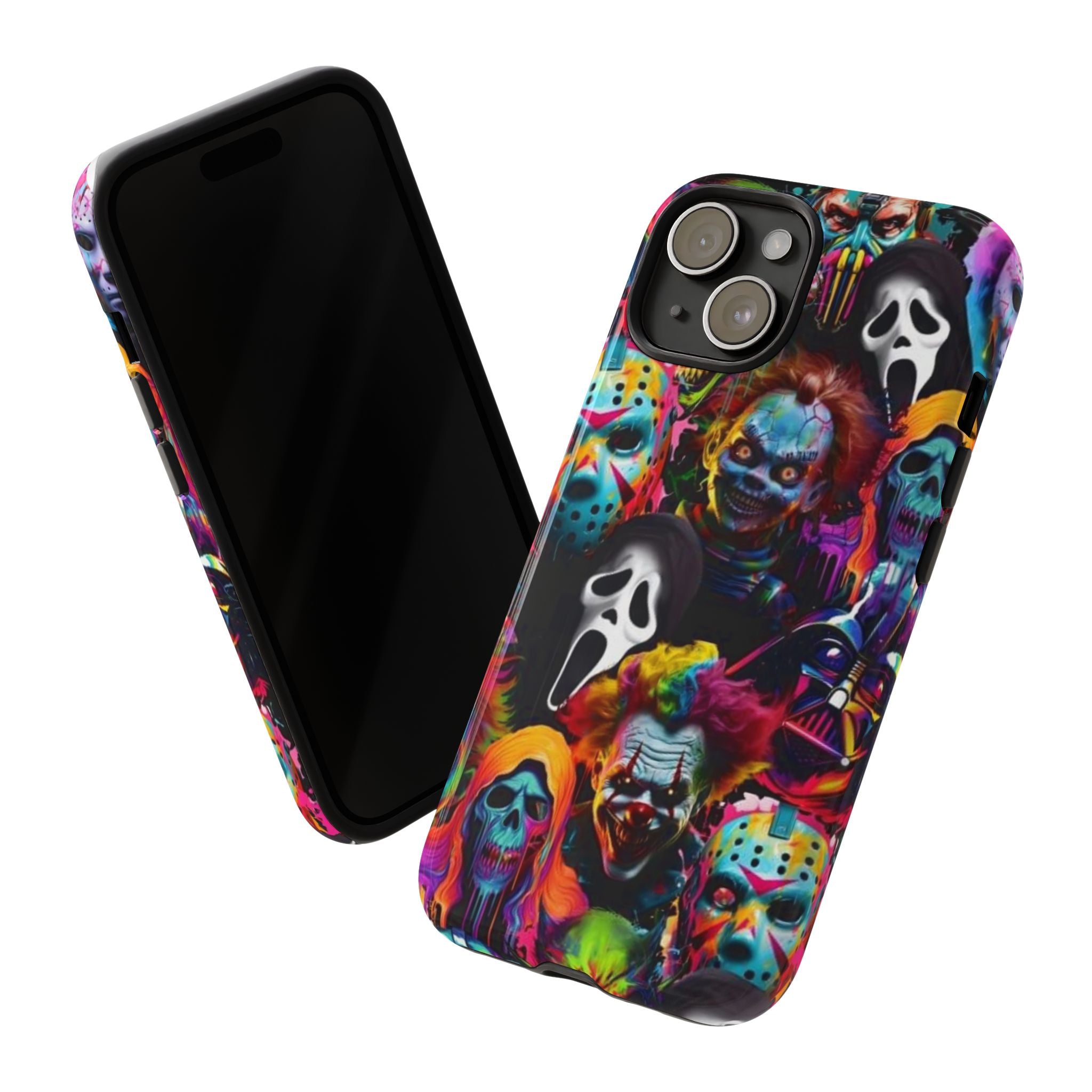Phone Case — Neon Horror Mask Collage (Scream, Jason, Clown)