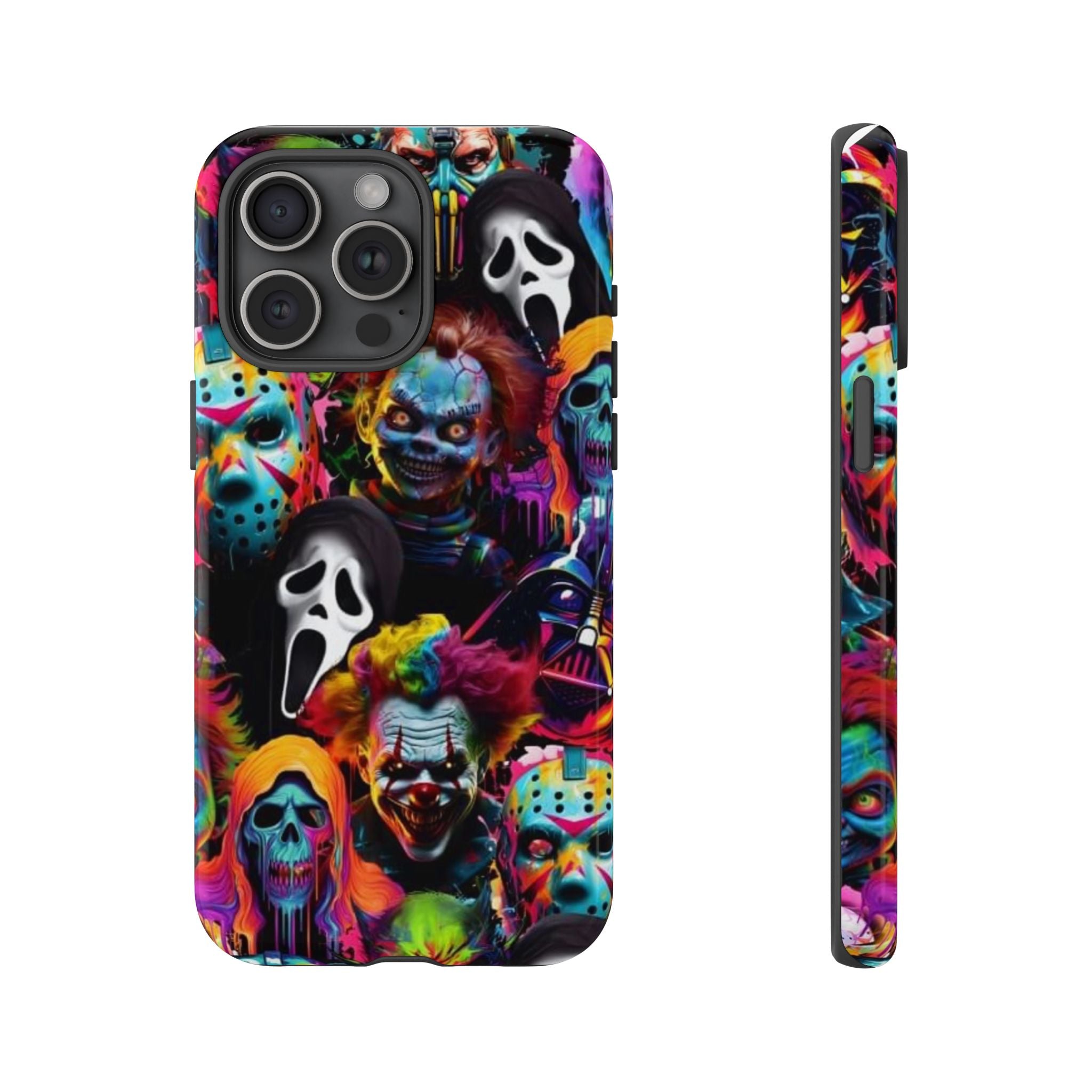 Phone Case — Neon Horror Mask Collage (Scream, Jason, Clown)