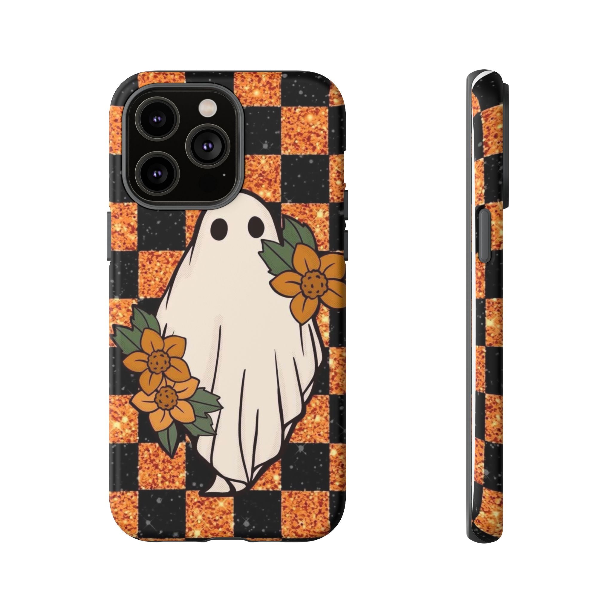 Halloween Ghost Phone Case — Checkerboard Orange Glitter Floral Design