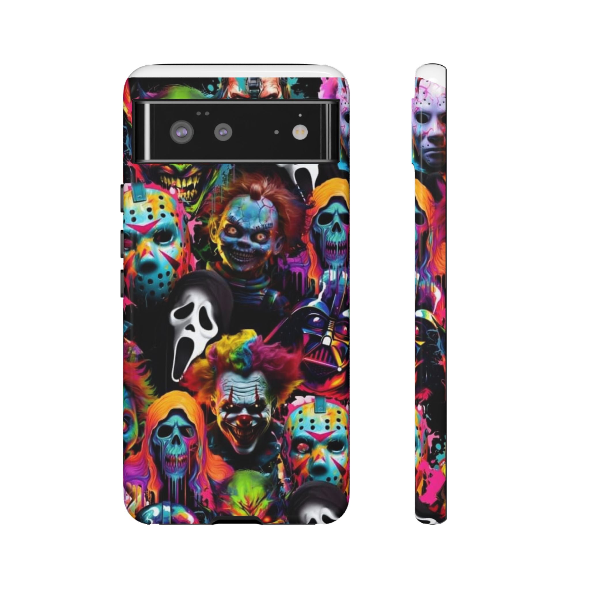 Phone Case — Neon Horror Mask Collage (Scream, Jason, Clown)