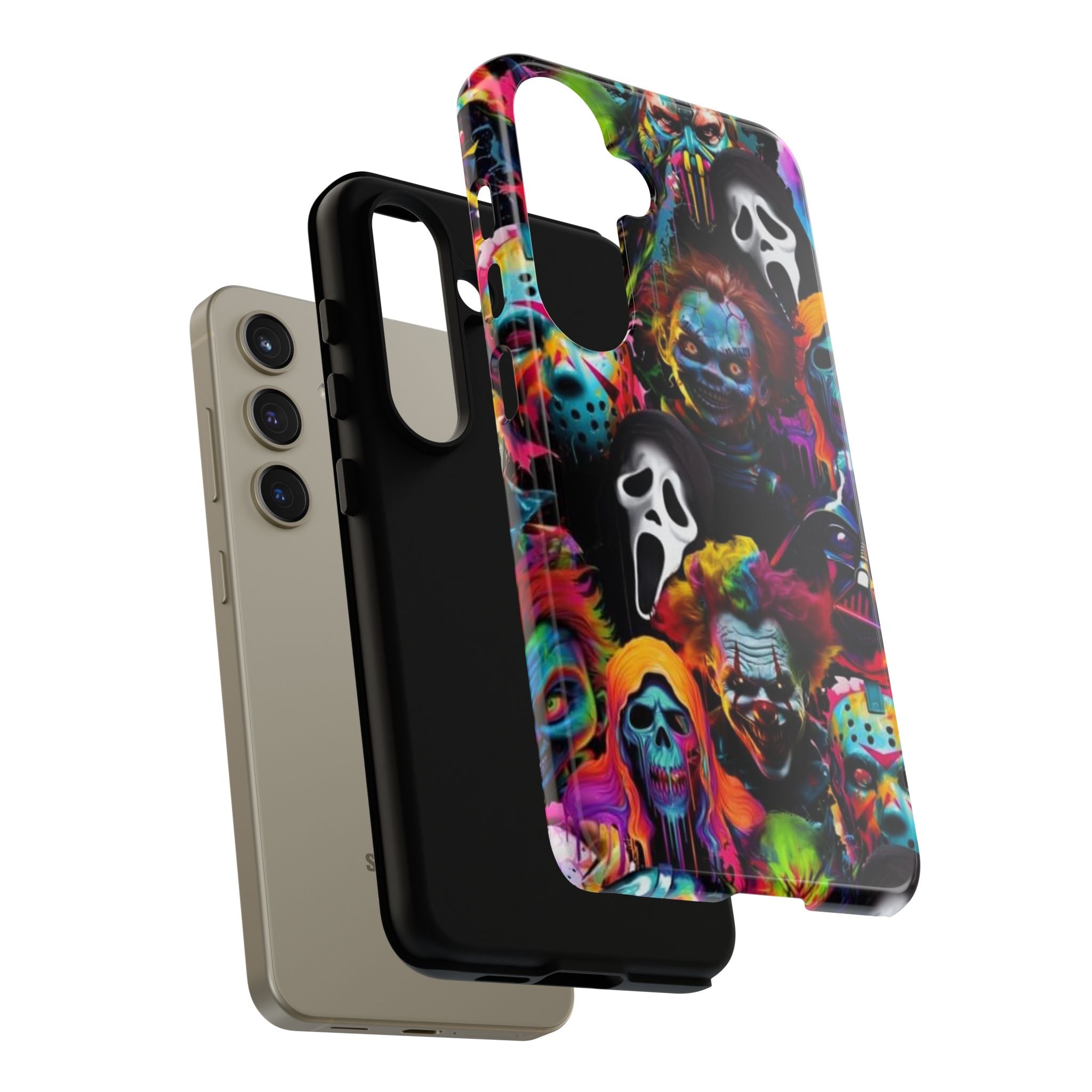 Phone Case — Neon Horror Mask Collage (Scream, Jason, Clown)