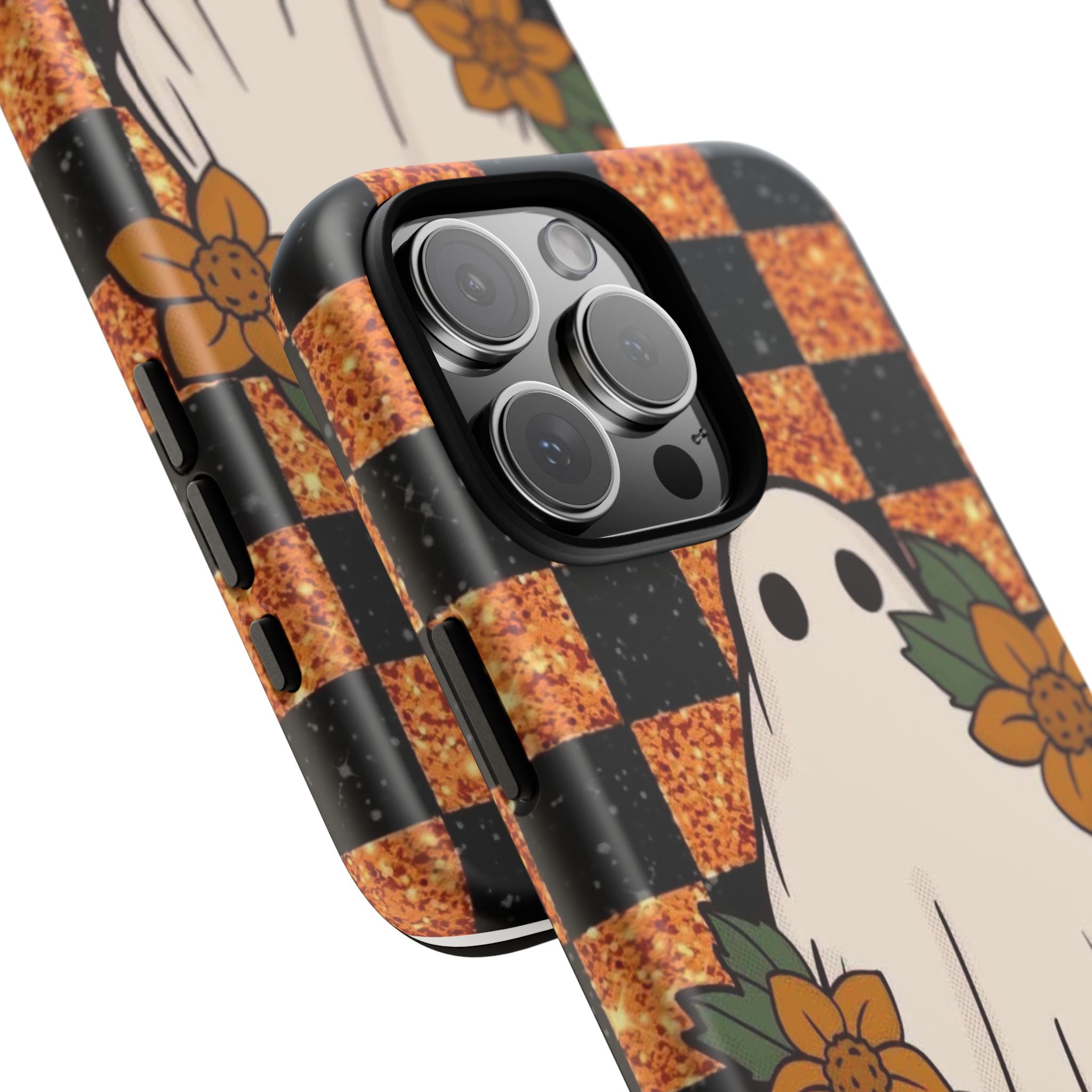 Halloween Ghost Phone Case — Checkerboard Orange Glitter Floral Design