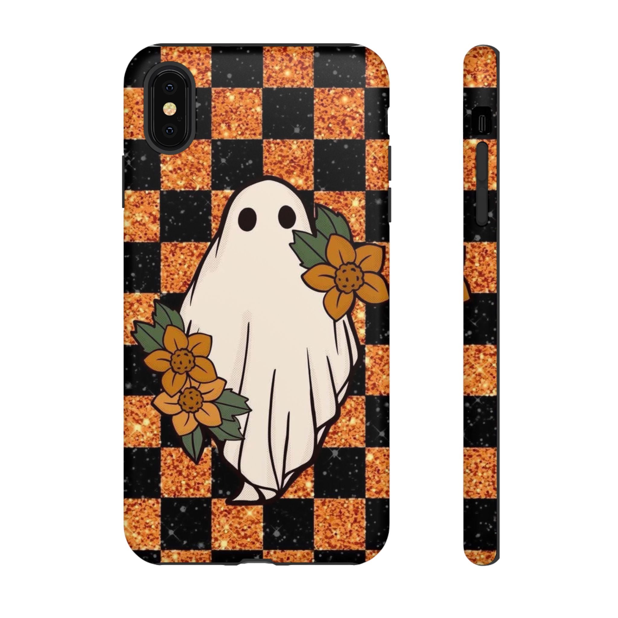 Halloween Ghost Phone Case — Checkerboard Orange Glitter Floral Design