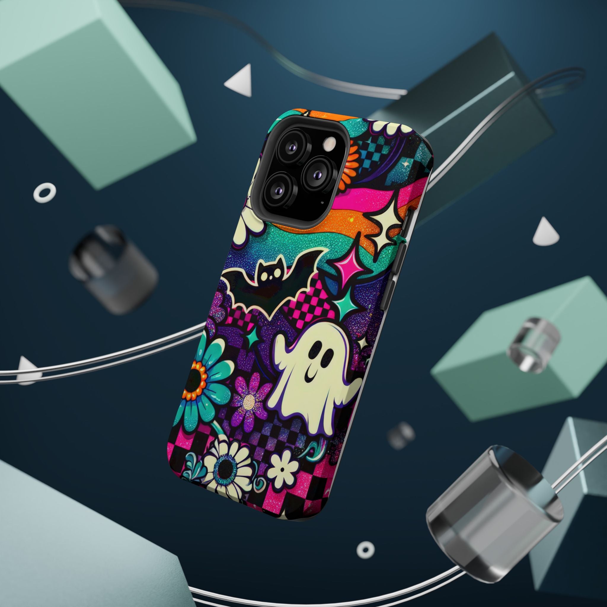 Halloween Retro Ghost & Bat Phone Case — Magnetic Impact-Resistant