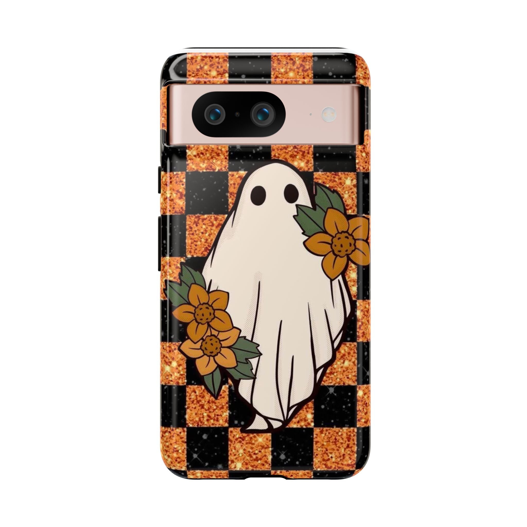 Halloween Ghost Phone Case — Checkerboard Orange Glitter Floral Design
