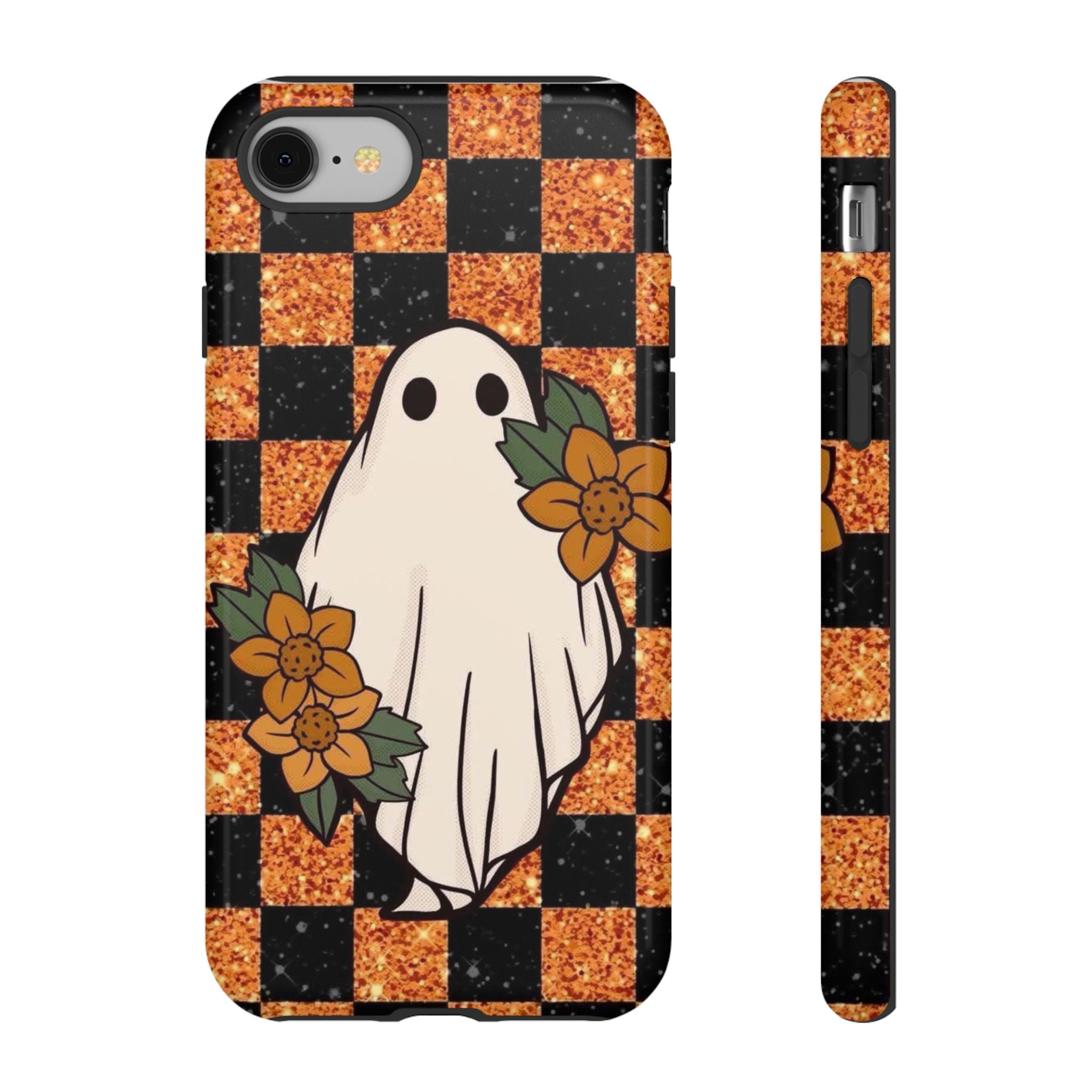 Halloween Ghost Phone Case — Checkerboard Orange Glitter Floral Design
