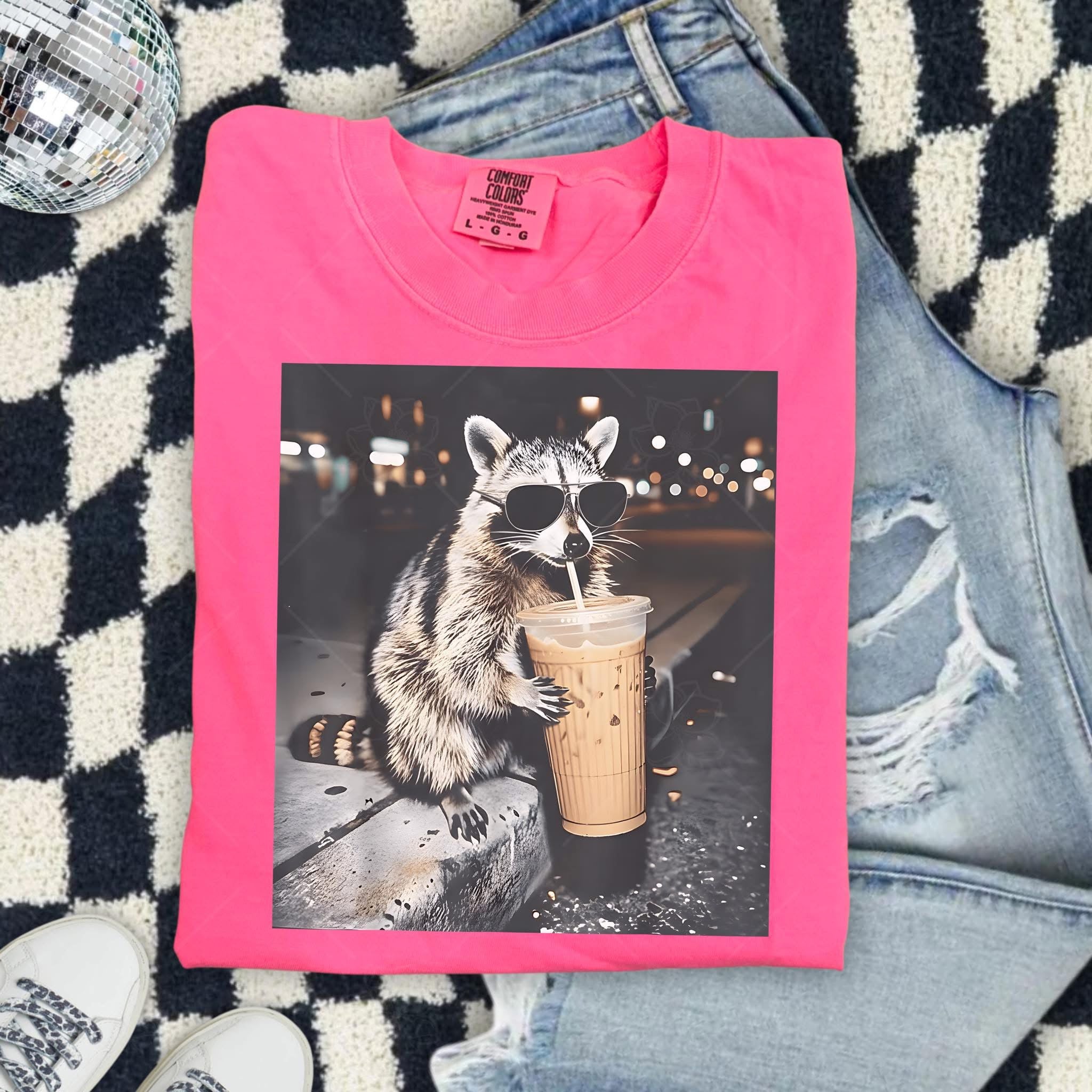Raccoon w/ ice coffee-comfort color tee