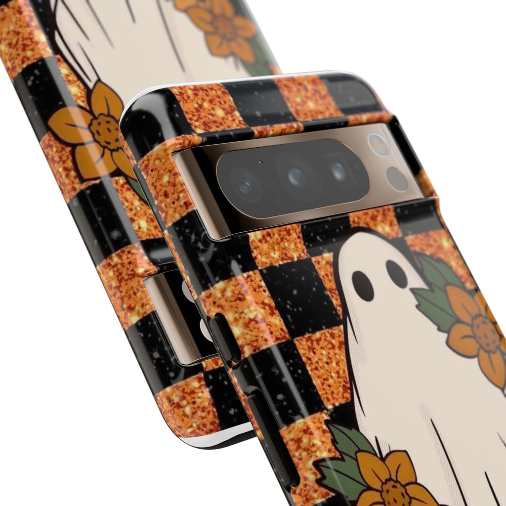 Halloween Ghost Phone Case — Checkerboard Orange Glitter Floral Design