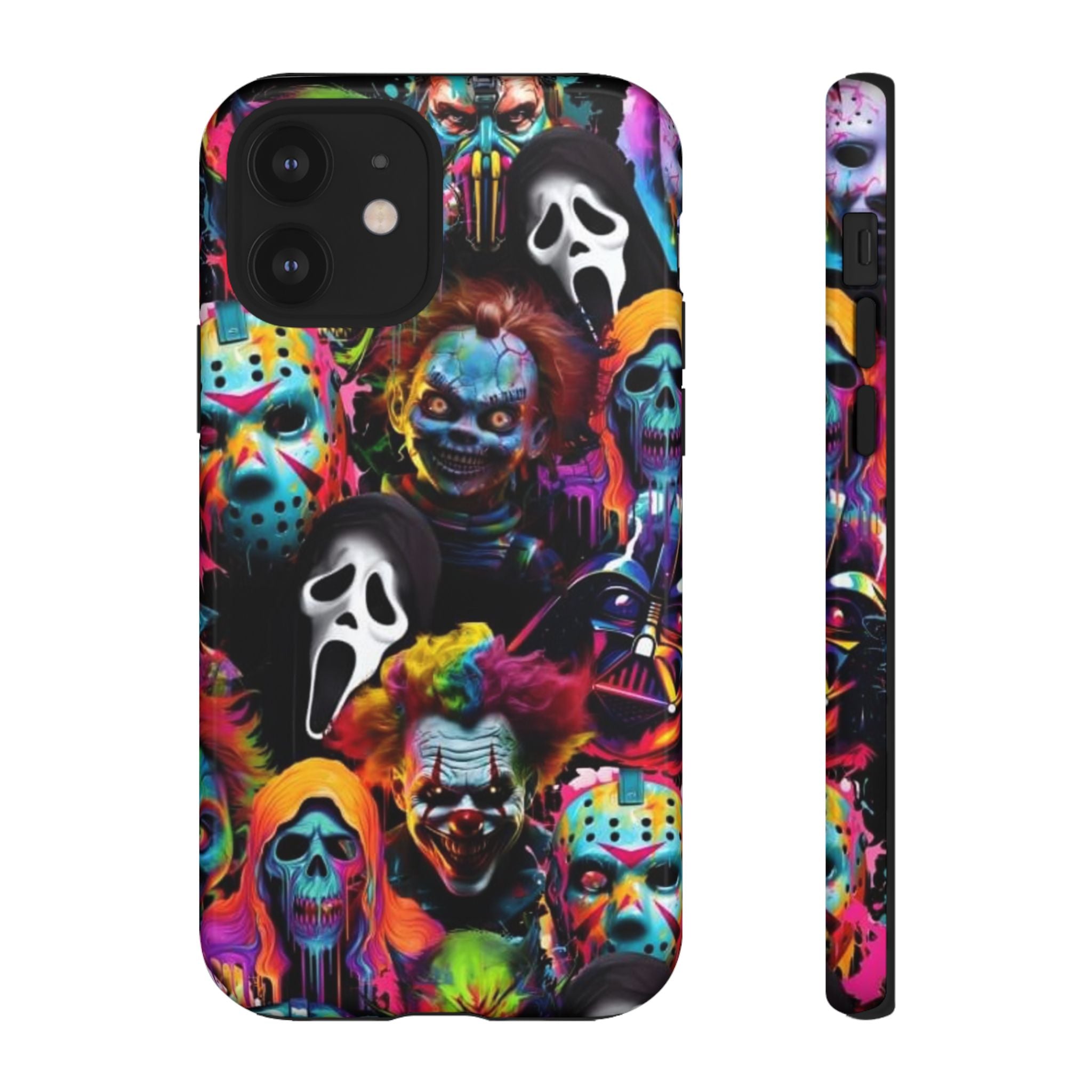 Phone Case — Neon Horror Mask Collage (Scream, Jason, Clown)