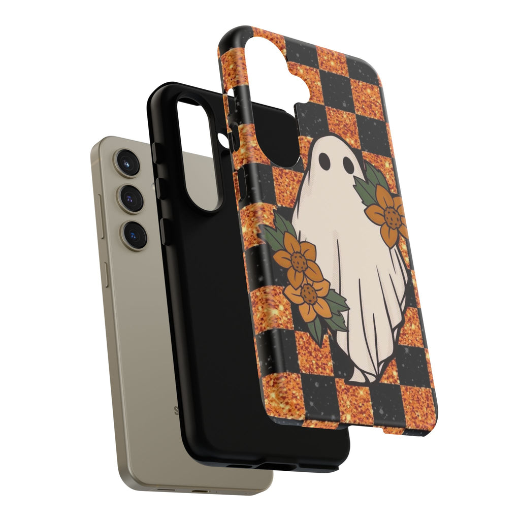 Halloween Ghost Phone Case — Checkerboard Orange Glitter Floral Design