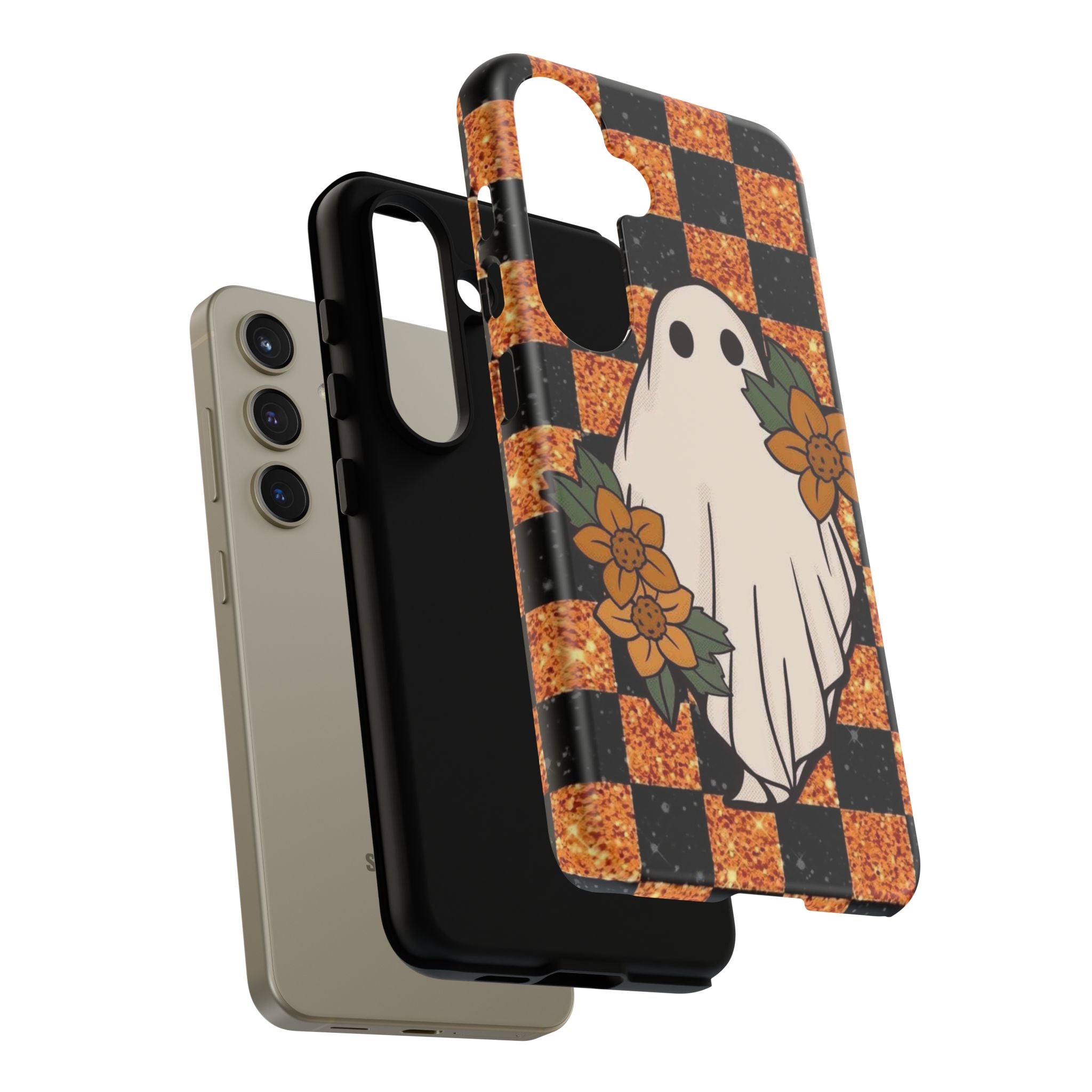 Halloween Ghost Phone Case — Checkerboard Orange Glitter Floral Design