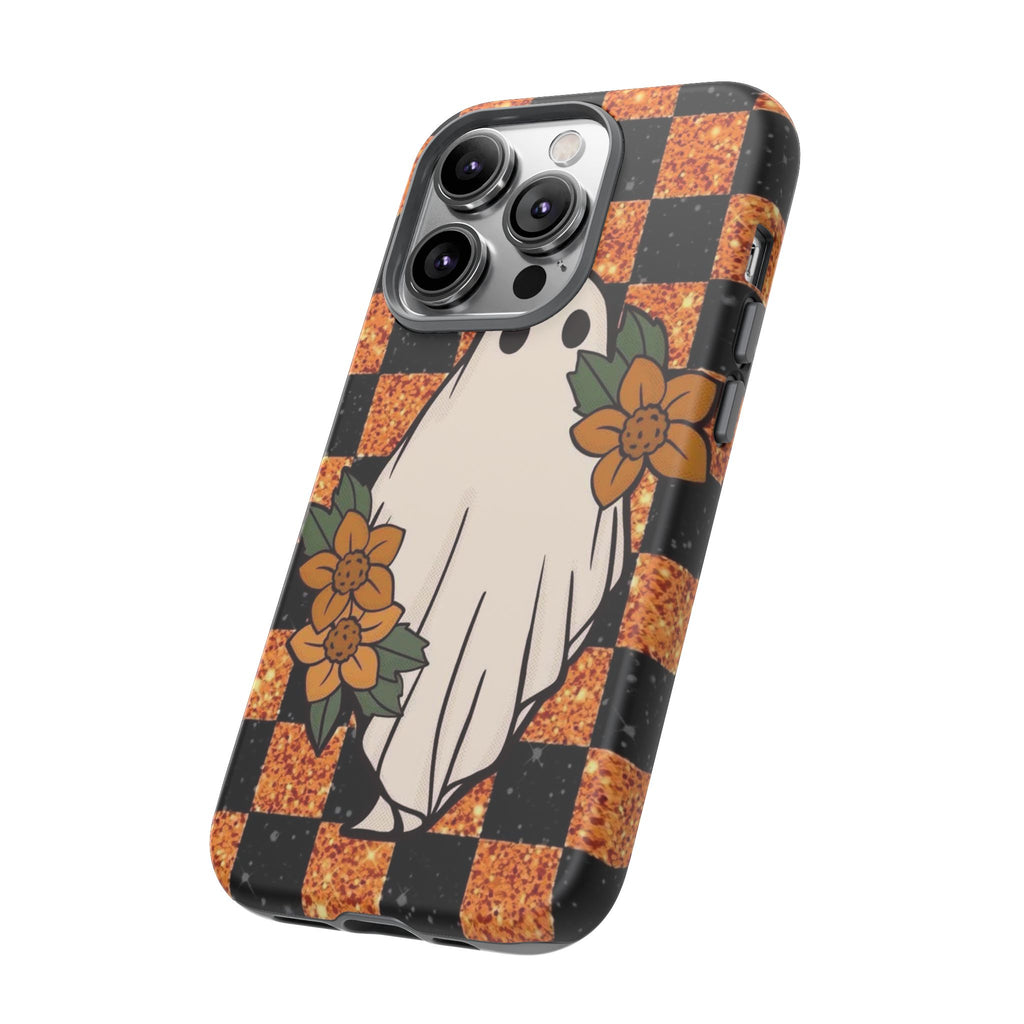 Halloween Ghost Phone Case — Checkerboard Orange Glitter Floral Design