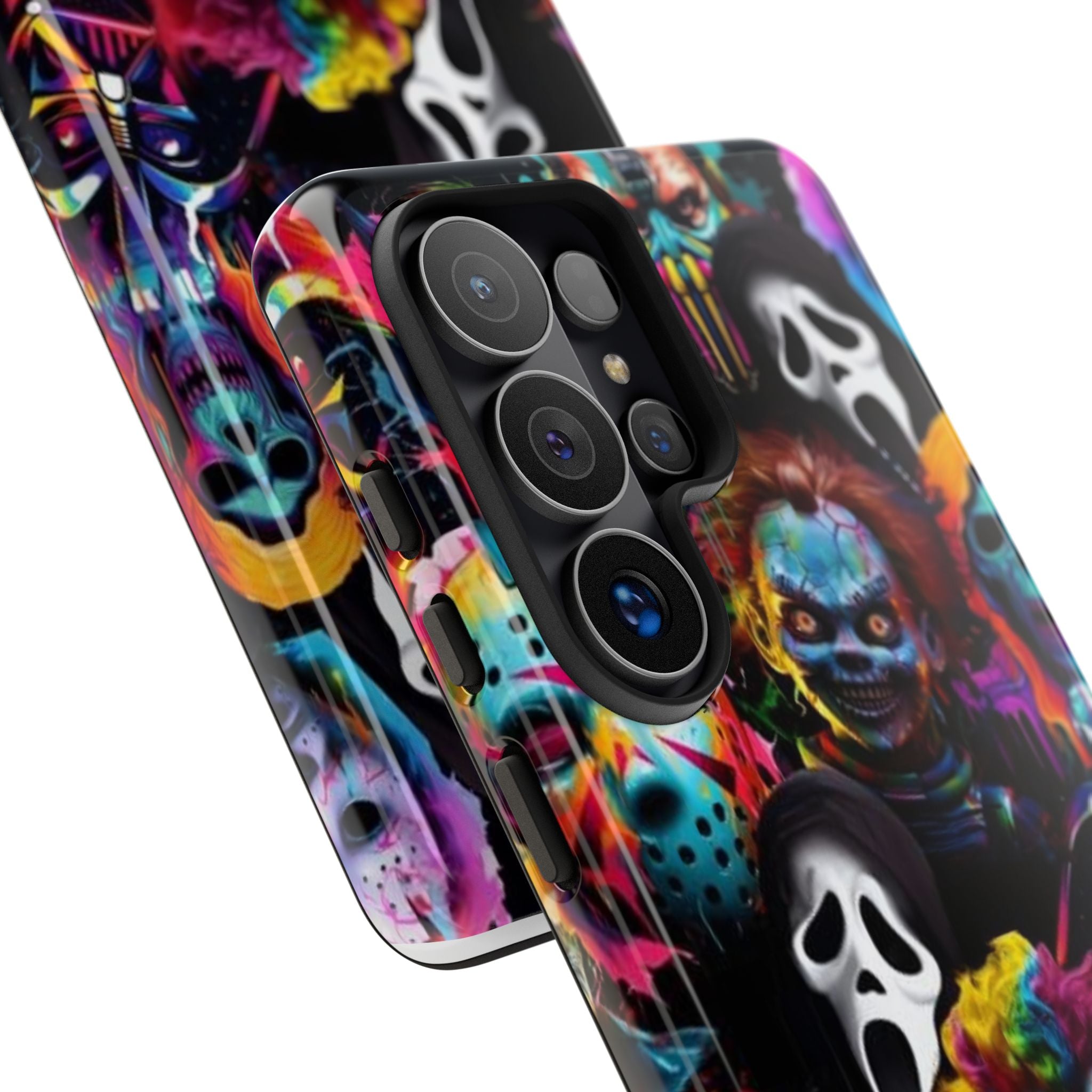 Phone Case — Neon Horror Mask Collage (Scream, Jason, Clown)