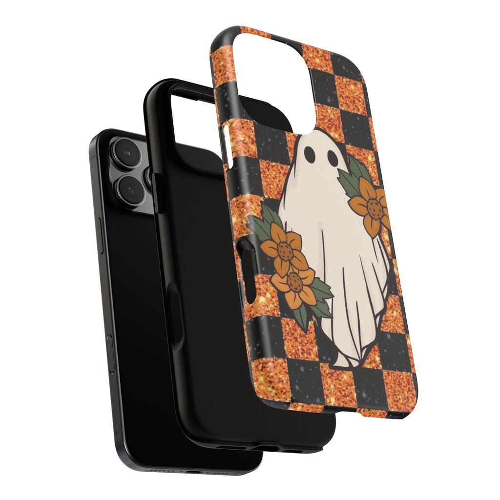 Halloween Ghost Phone Case — Checkerboard Orange Glitter Floral Design