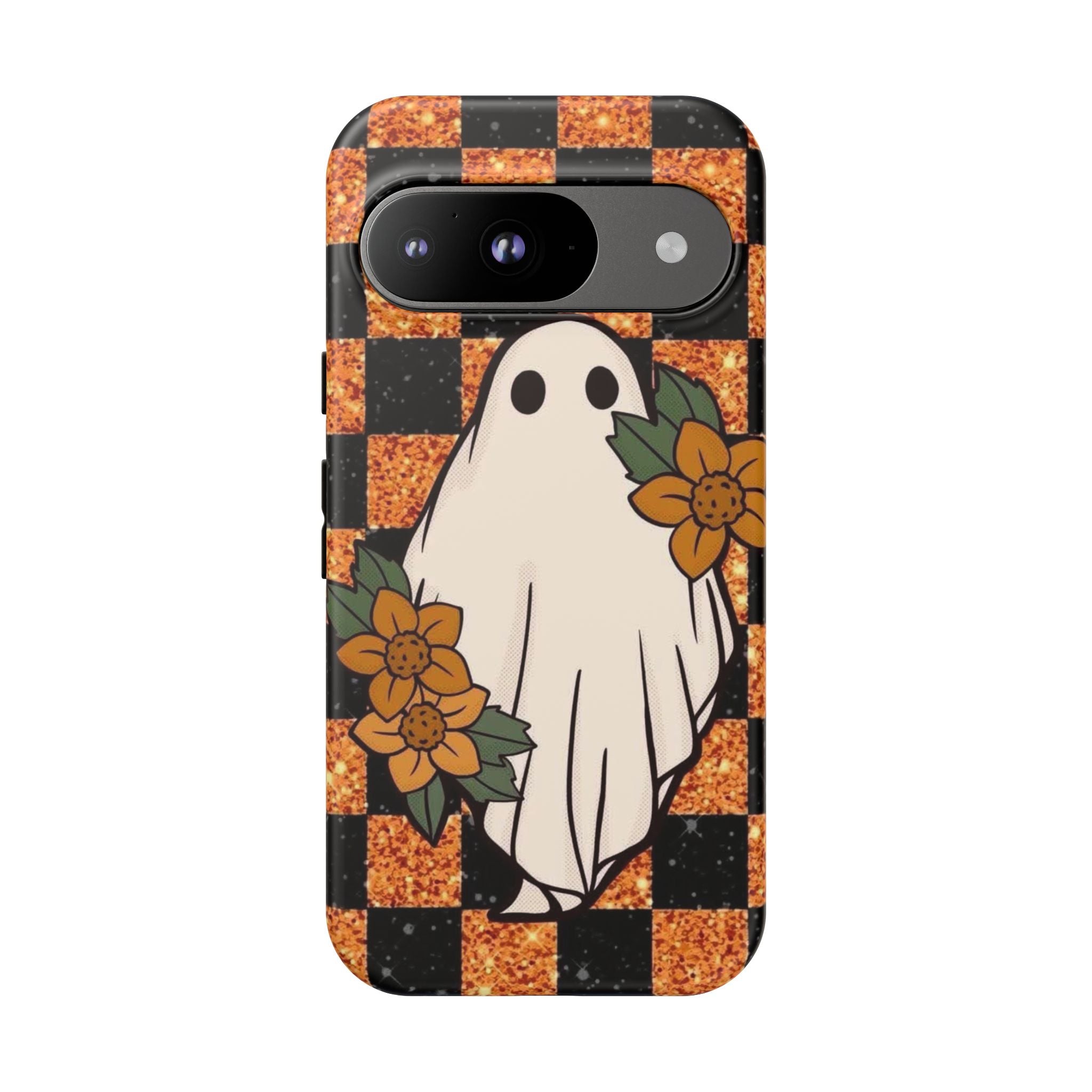 Halloween Ghost Phone Case — Checkerboard Orange Glitter Floral Design