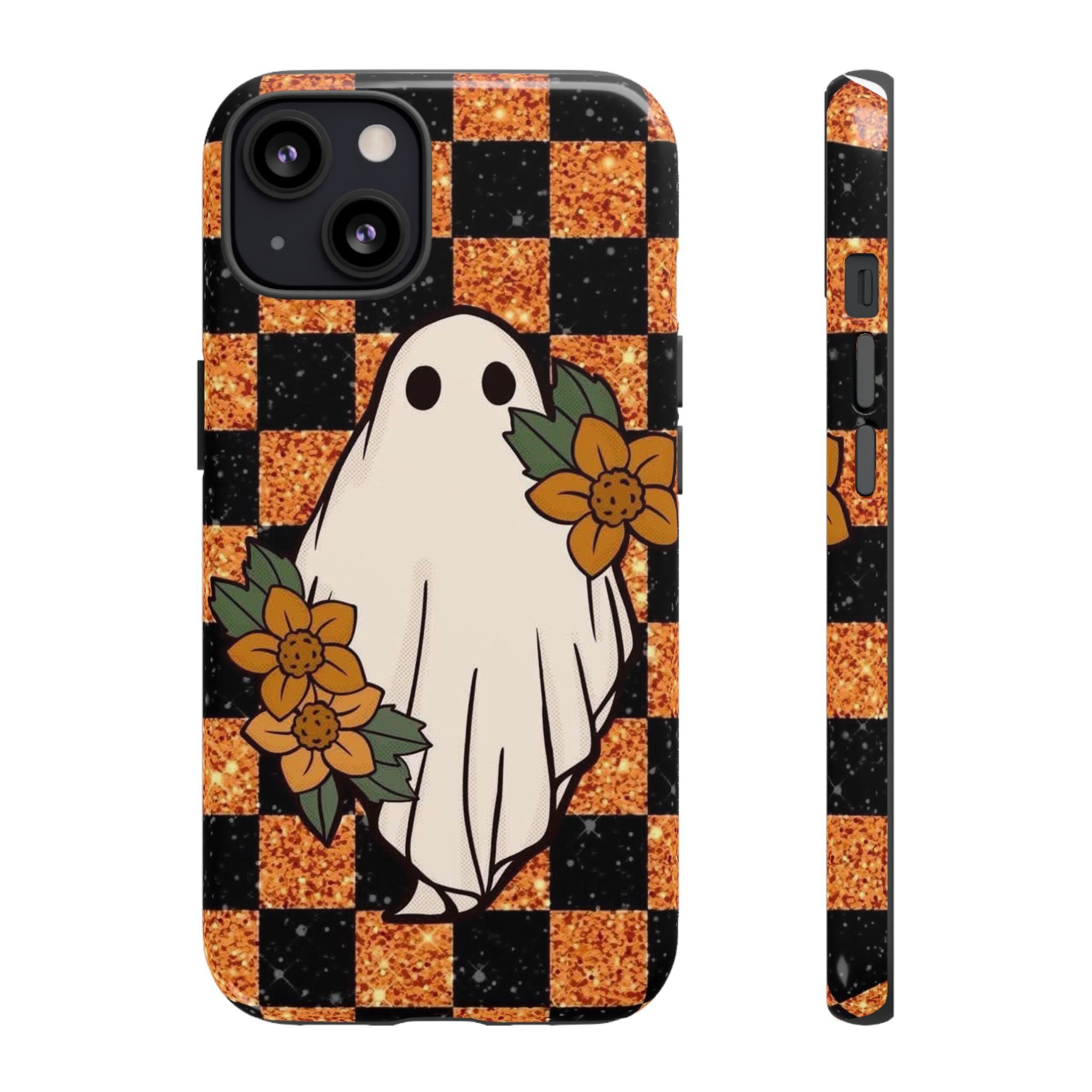 Halloween Ghost Phone Case — Checkerboard Orange Glitter Floral Design