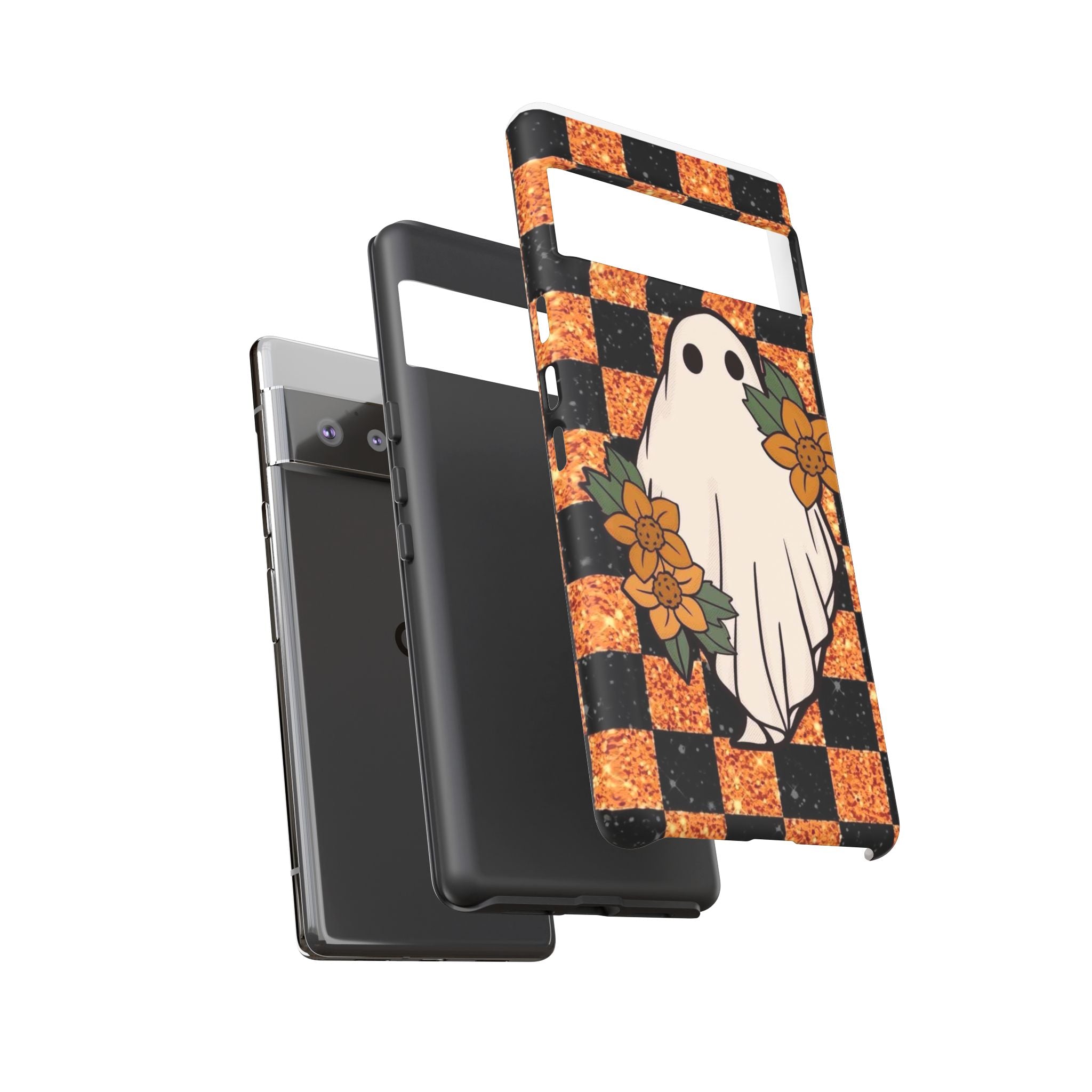 Halloween Ghost Phone Case — Checkerboard Orange Glitter Floral Design
