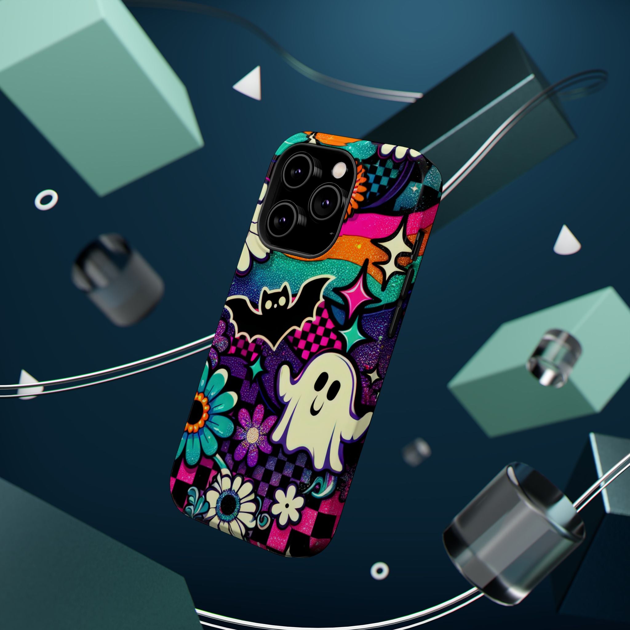 Halloween Retro Ghost & Bat Phone Case — Magnetic Impact-Resistant