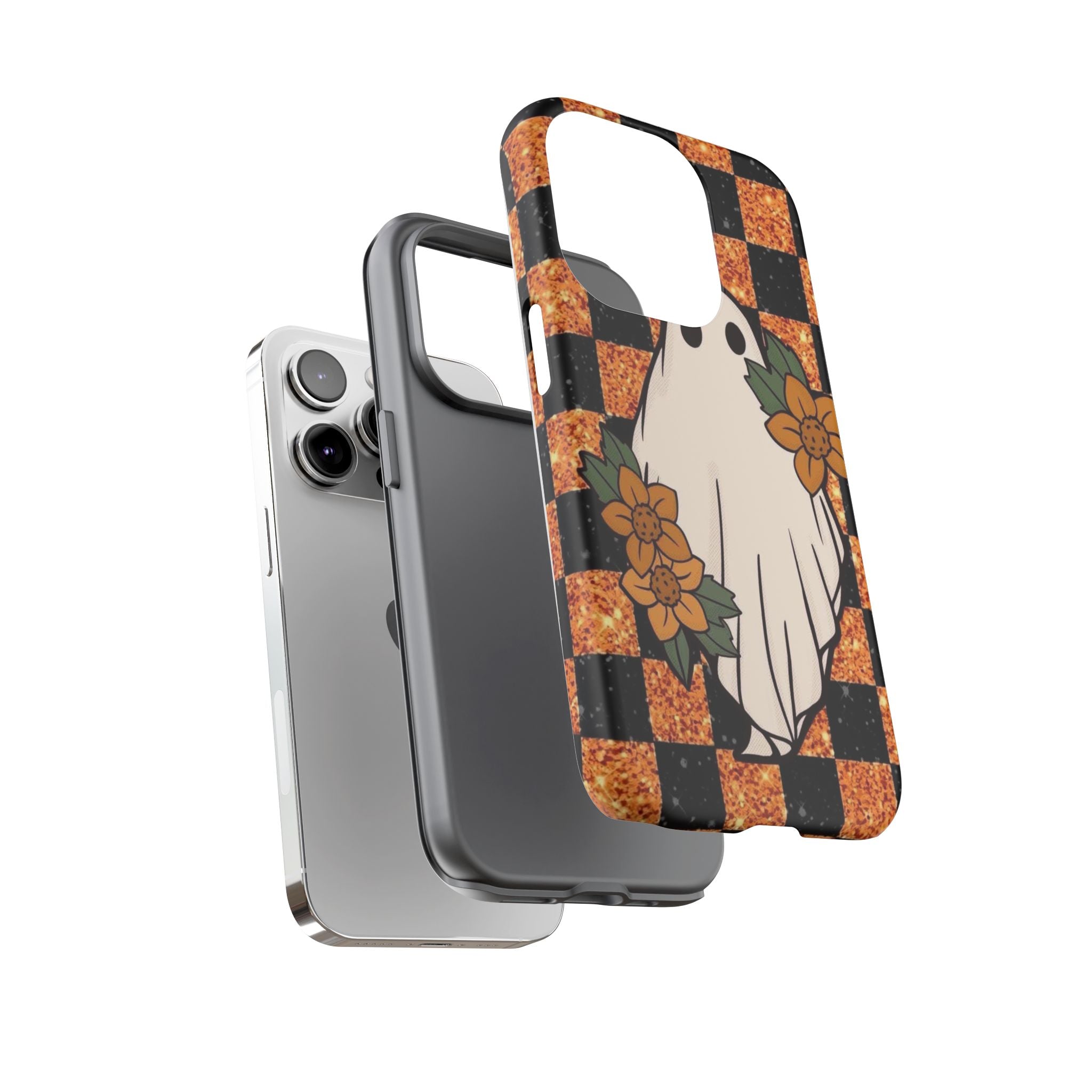 Halloween Ghost Phone Case — Checkerboard Orange Glitter Floral Design