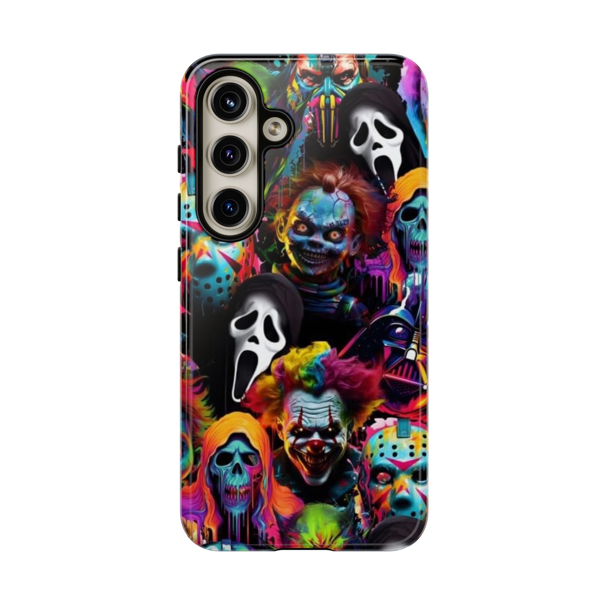 Phone Case — Neon Horror Mask Collage (Scream, Jason, Clown)