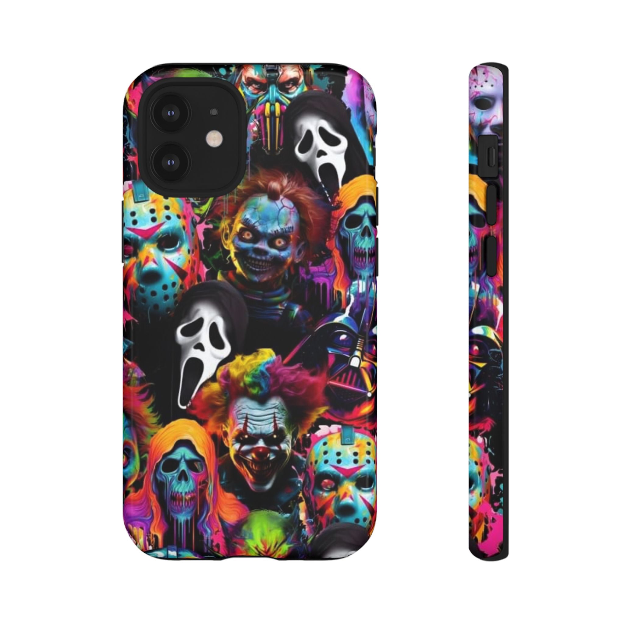 Phone Case — Neon Horror Mask Collage (Scream, Jason, Clown)