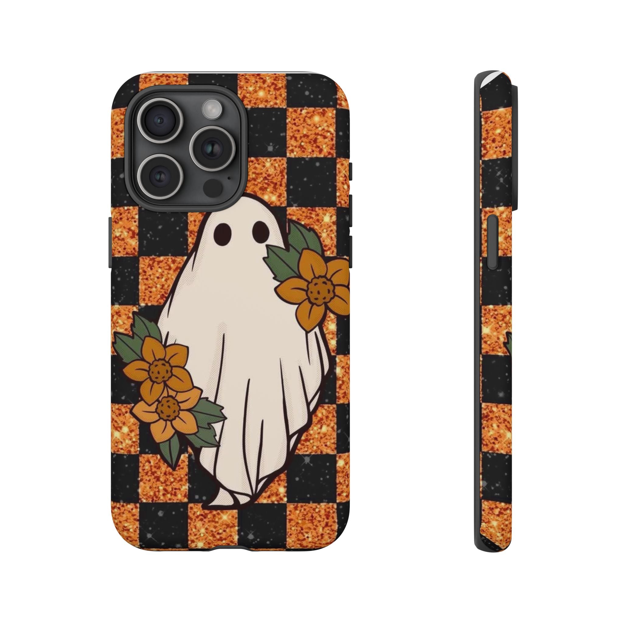 Halloween Ghost Phone Case — Checkerboard Orange Glitter Floral Design