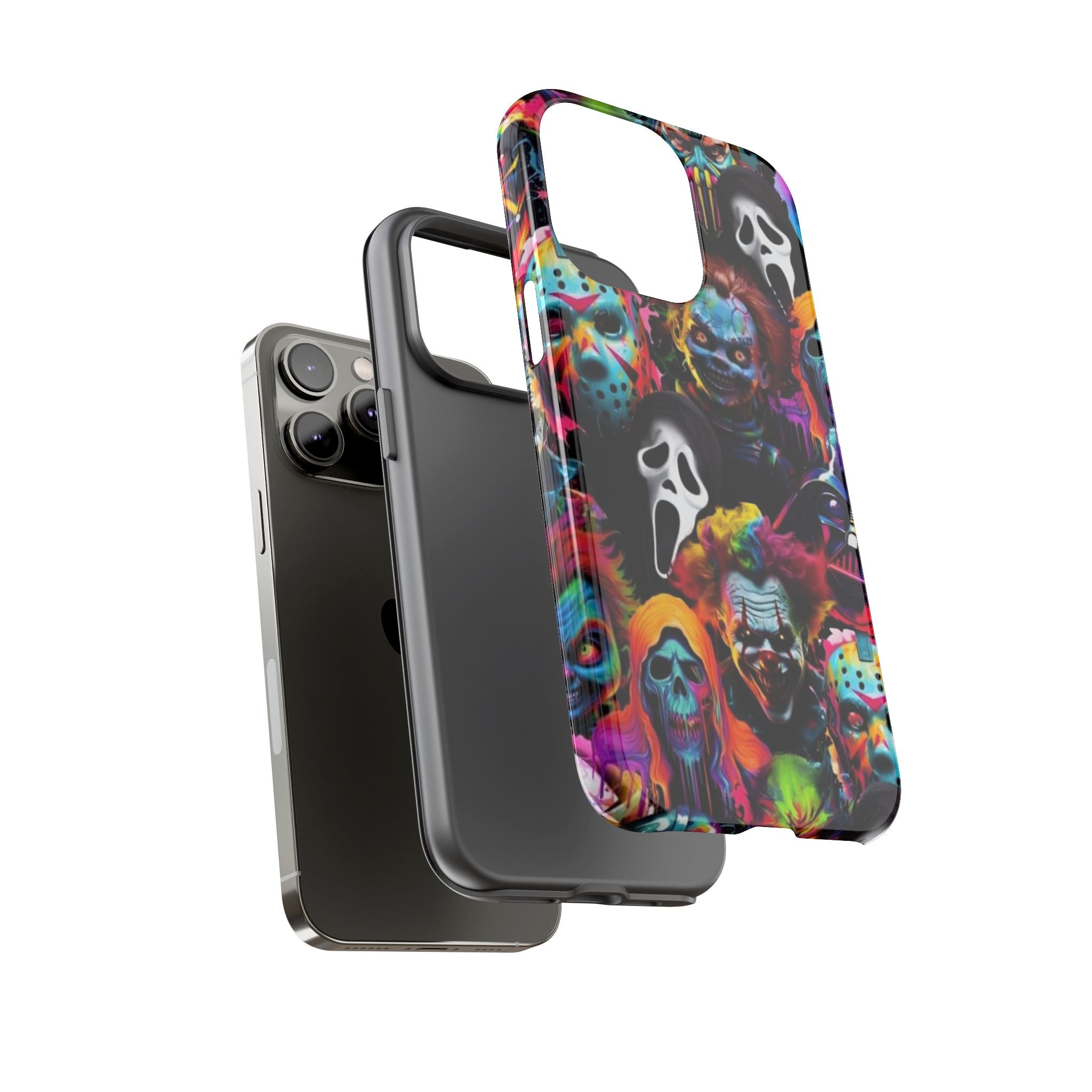 Phone Case — Neon Horror Mask Collage (Scream, Jason, Clown)