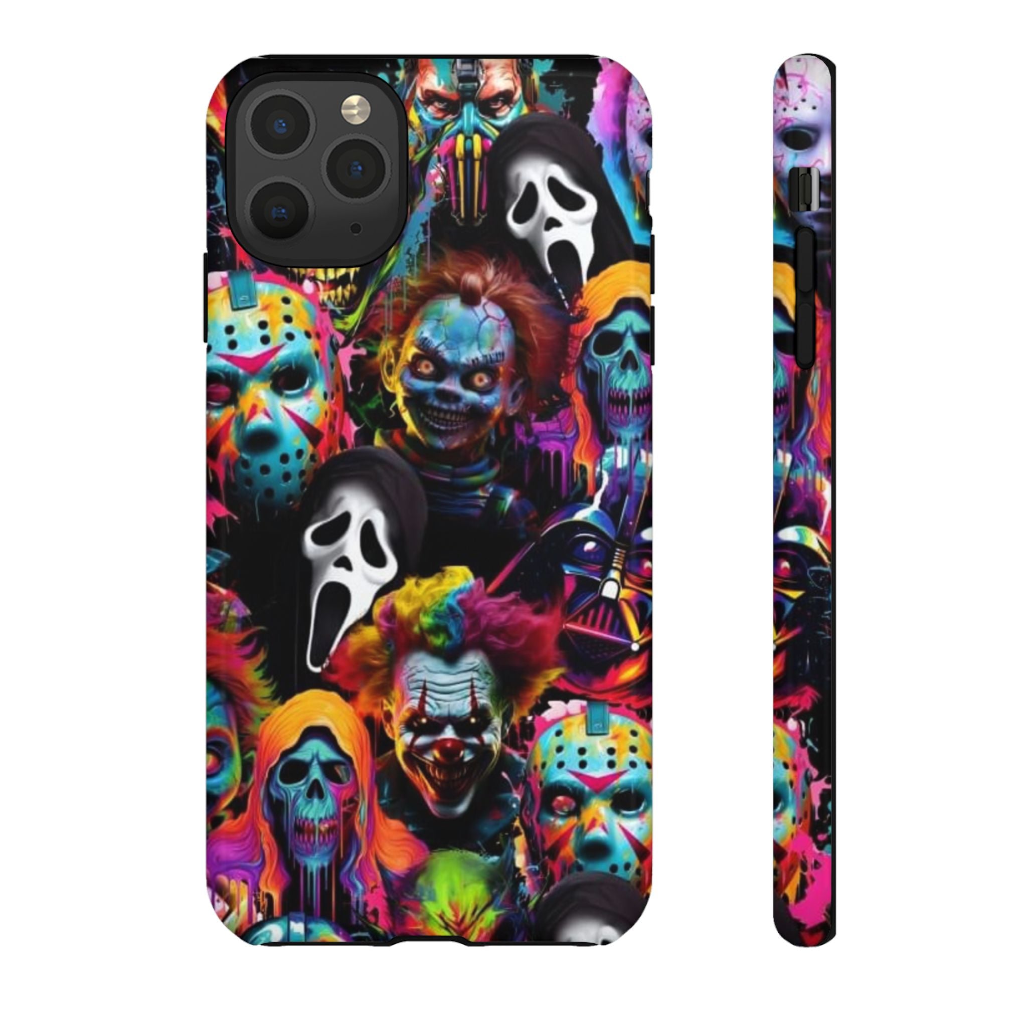 Phone Case — Neon Horror Mask Collage (Scream, Jason, Clown)