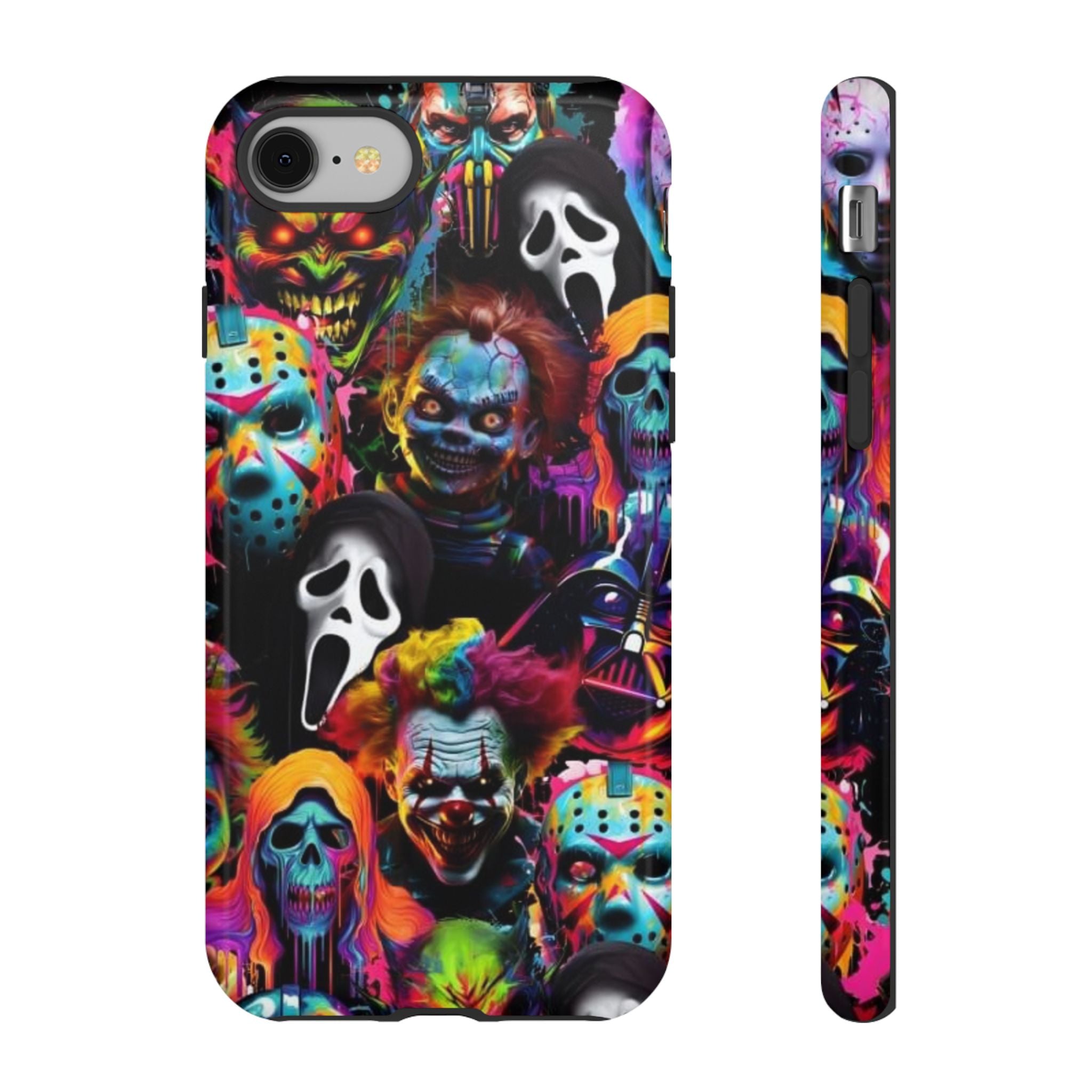 Phone Case — Neon Horror Mask Collage (Scream, Jason, Clown)