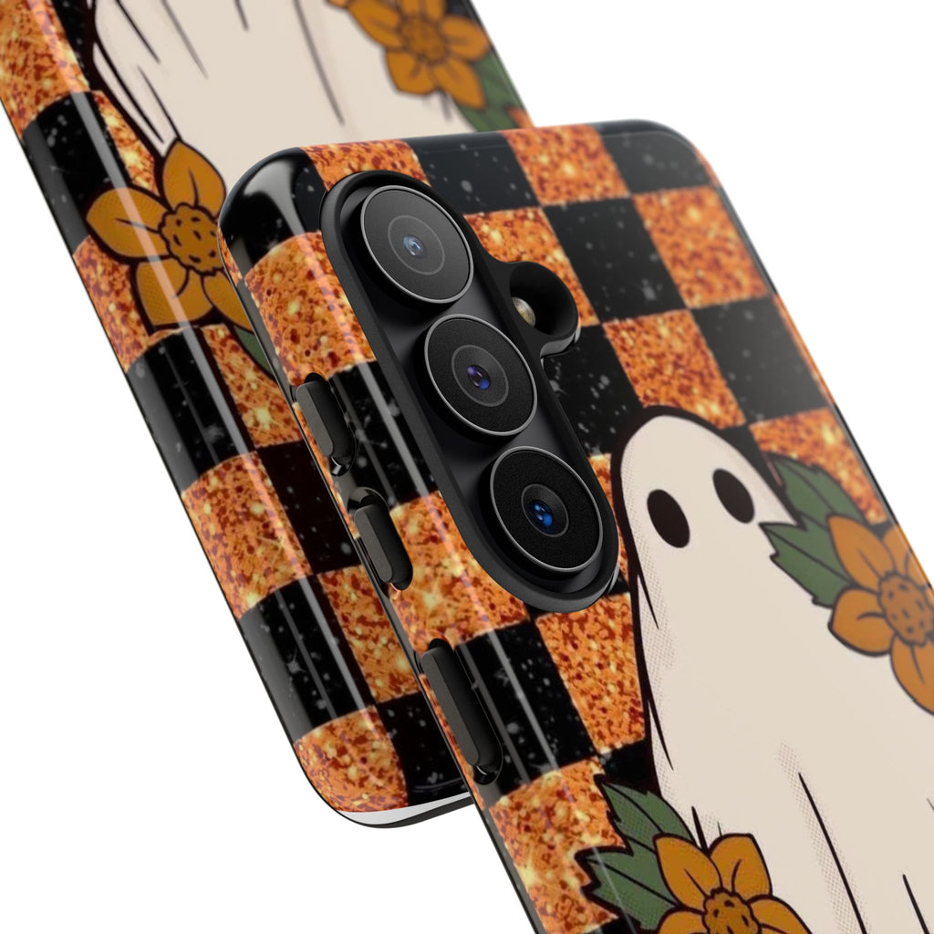 Halloween Ghost Phone Case — Checkerboard Orange Glitter Floral Design