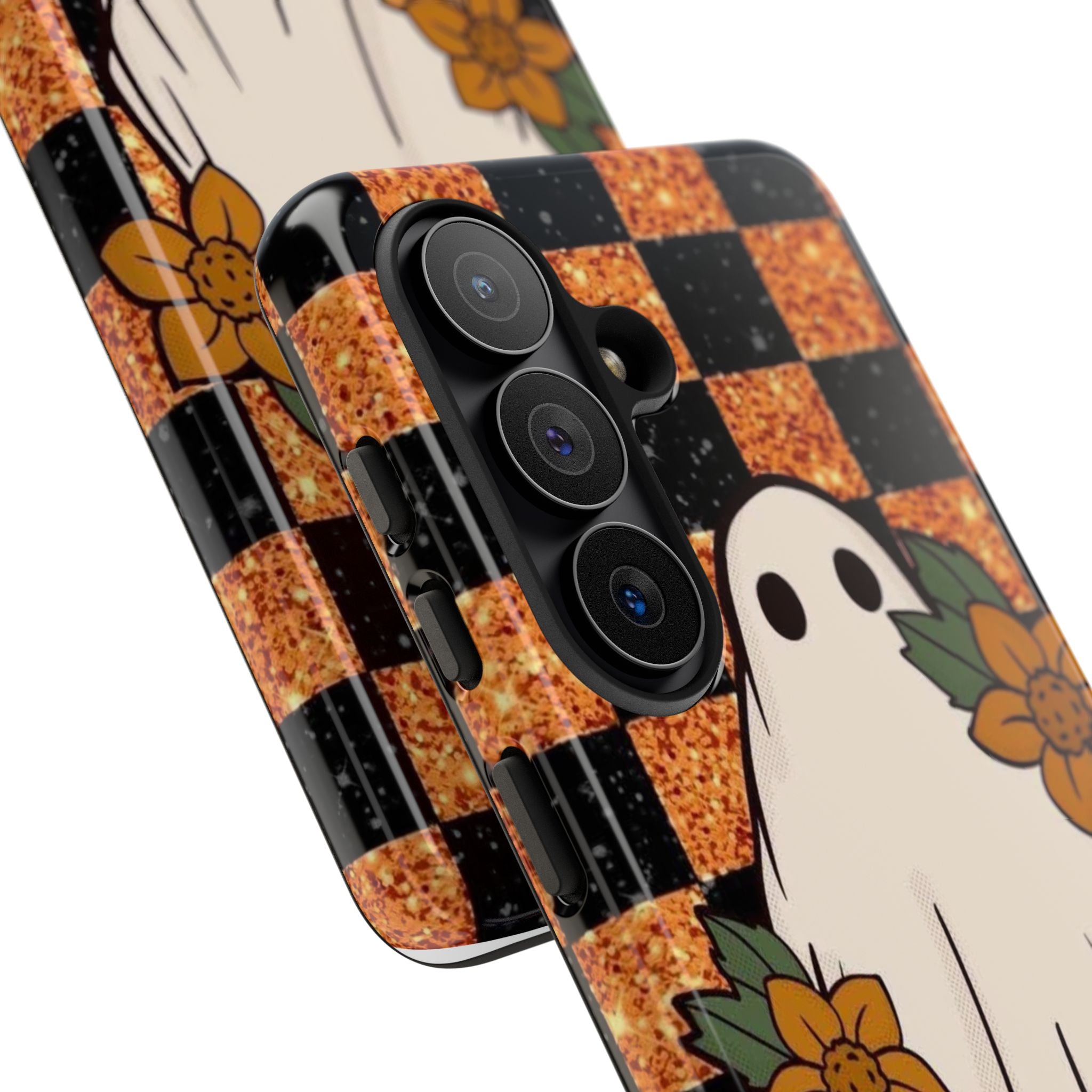 Halloween Ghost Phone Case — Checkerboard Orange Glitter Floral Design