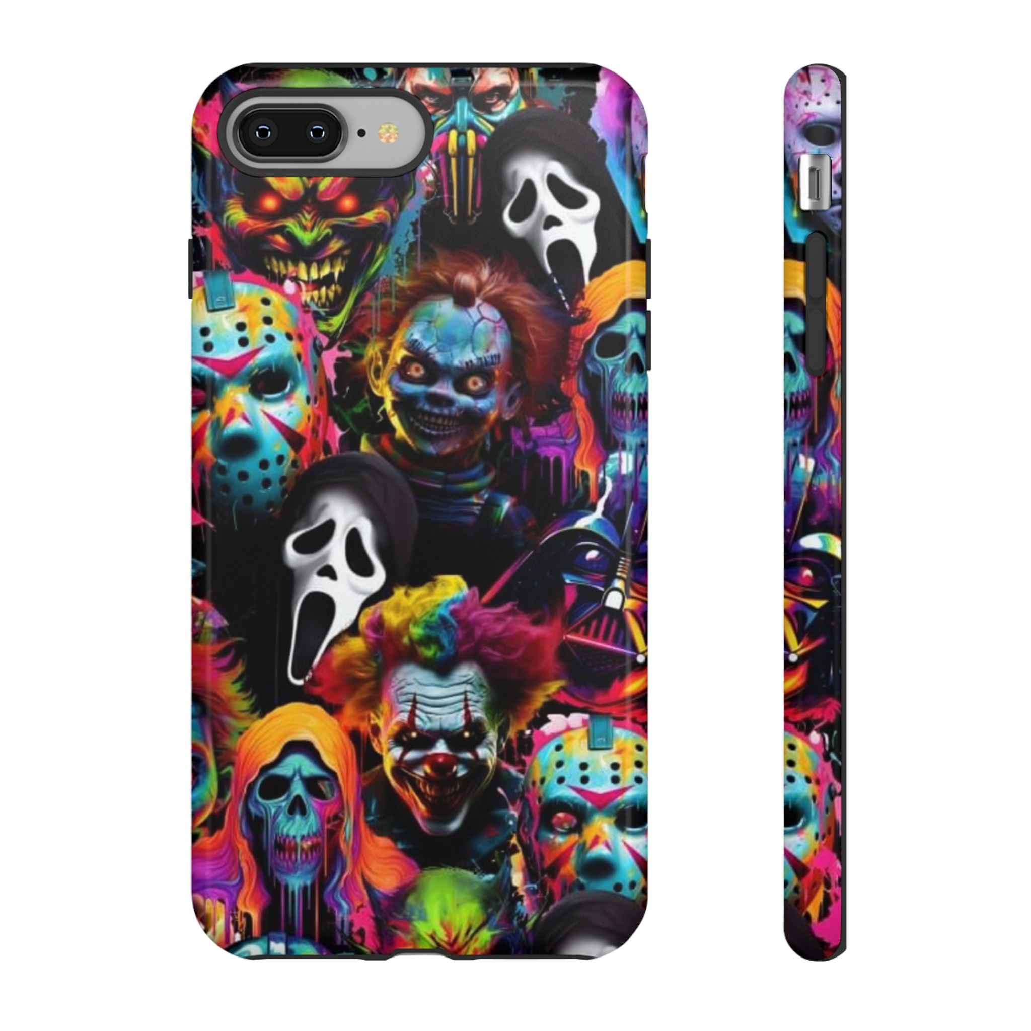 Phone Case — Neon Horror Mask Collage (Scream, Jason, Clown)