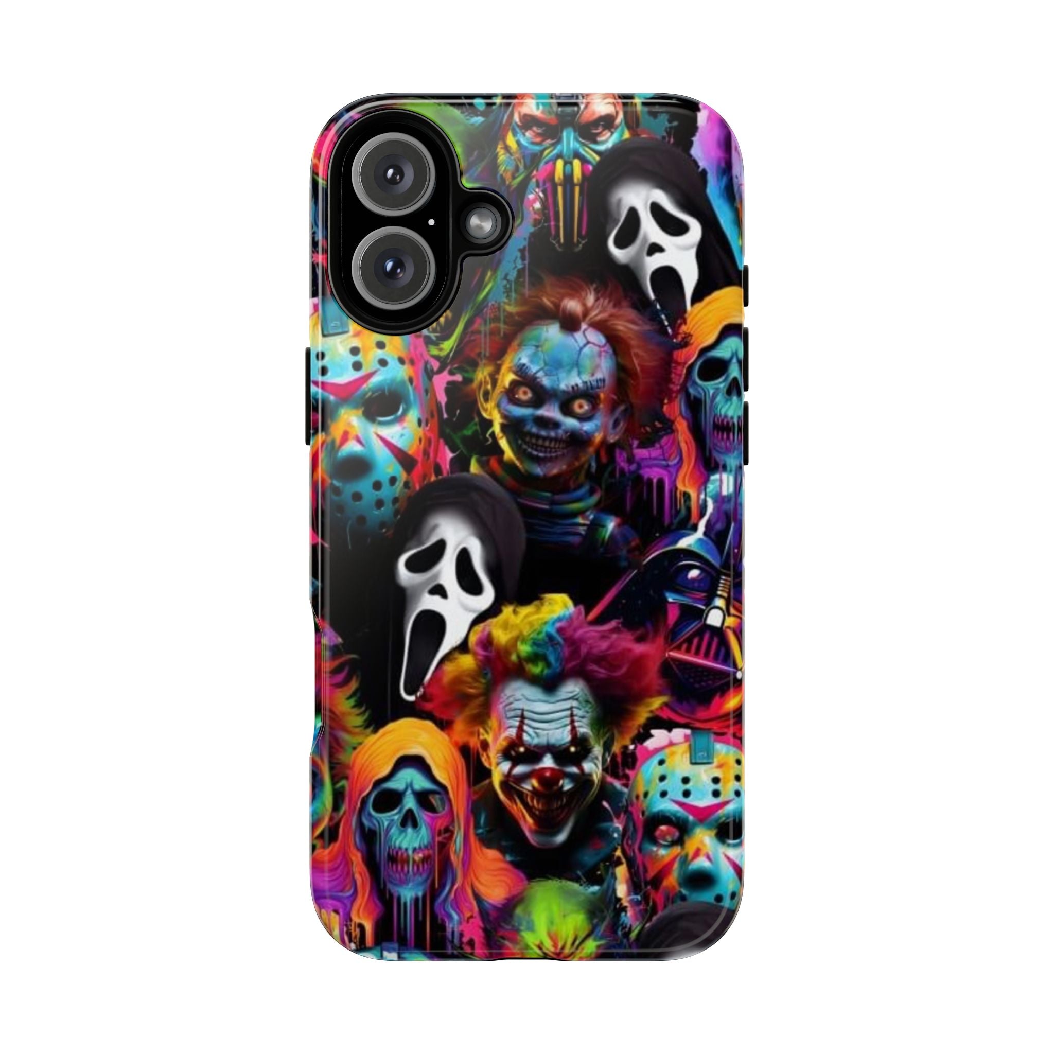 Phone Case — Neon Horror Mask Collage (Scream, Jason, Clown)