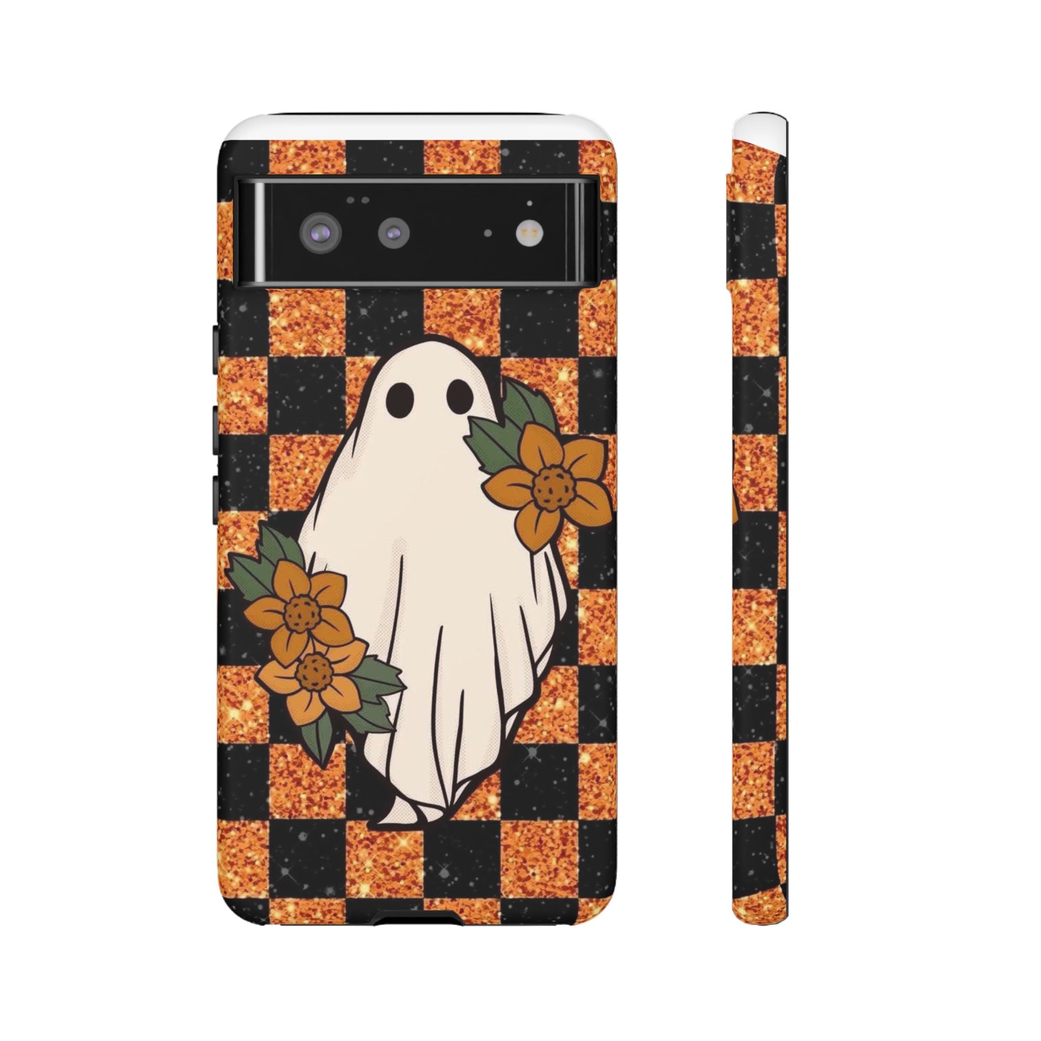 Halloween Ghost Phone Case — Checkerboard Orange Glitter Floral Design