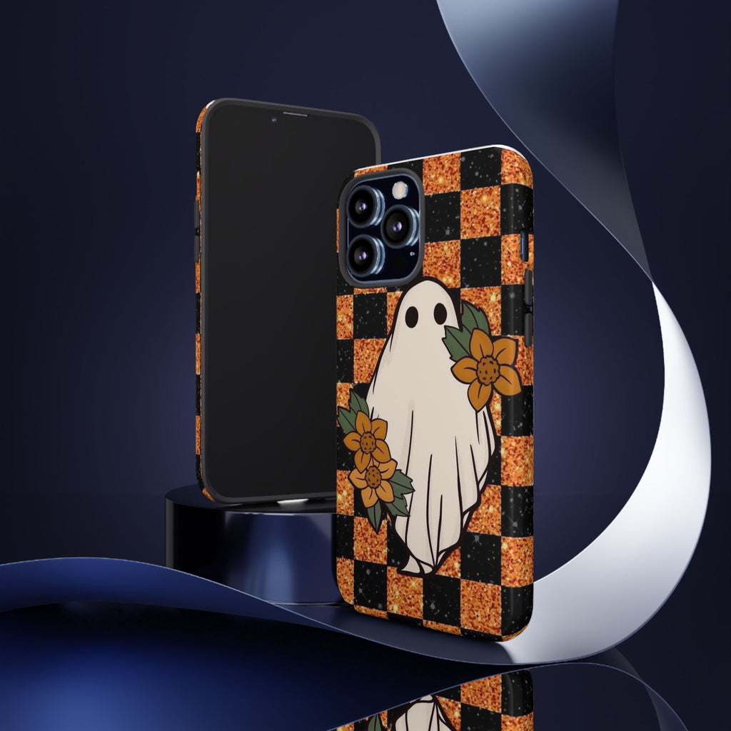 Halloween Ghost Phone Case — Checkerboard Orange Glitter Floral Design