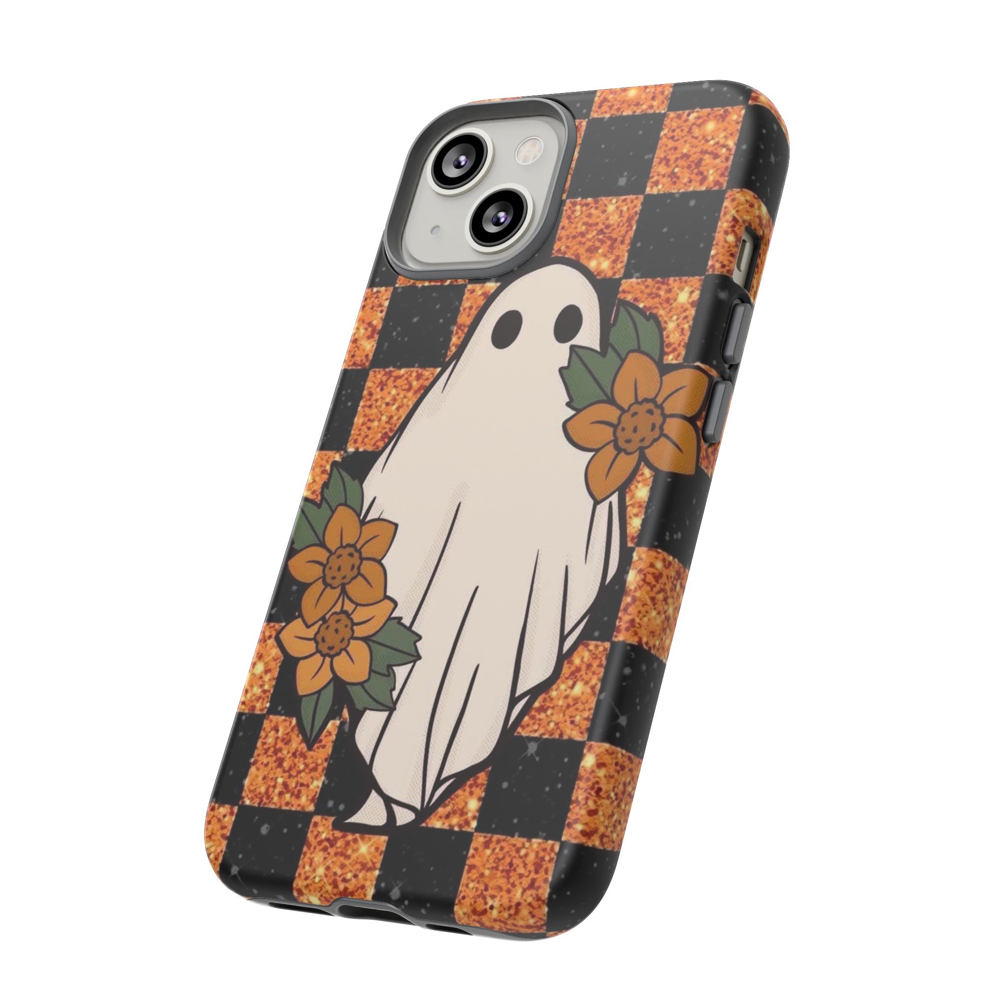 Halloween Ghost Phone Case — Checkerboard Orange Glitter Floral Design